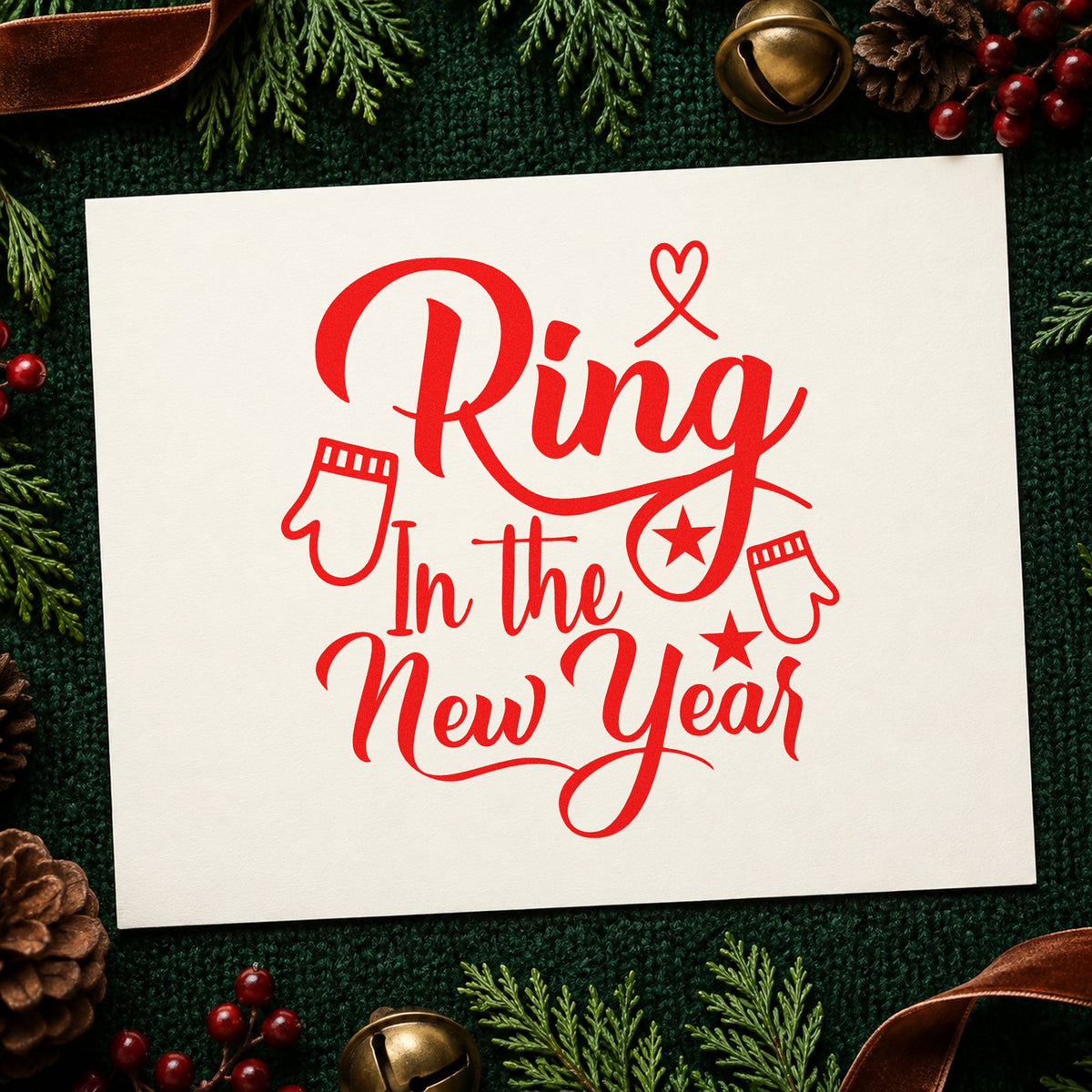 Ring In The New Year rubber stamp shown in red ink, stamped for projects such as firepit kit labels.