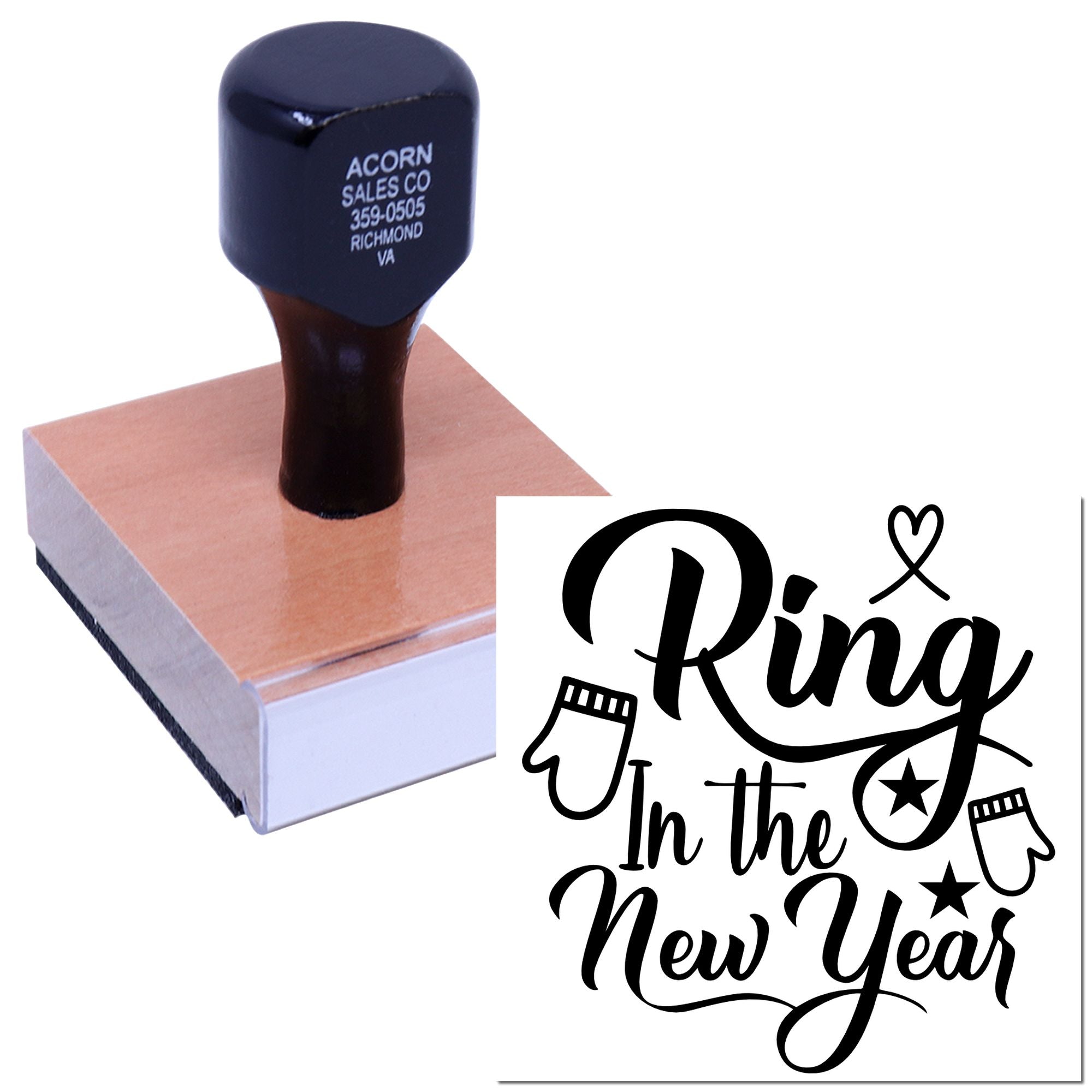 Custom New Year rubber stamp with Ring In the New Year design for holiday cards, party invites, and crafts.