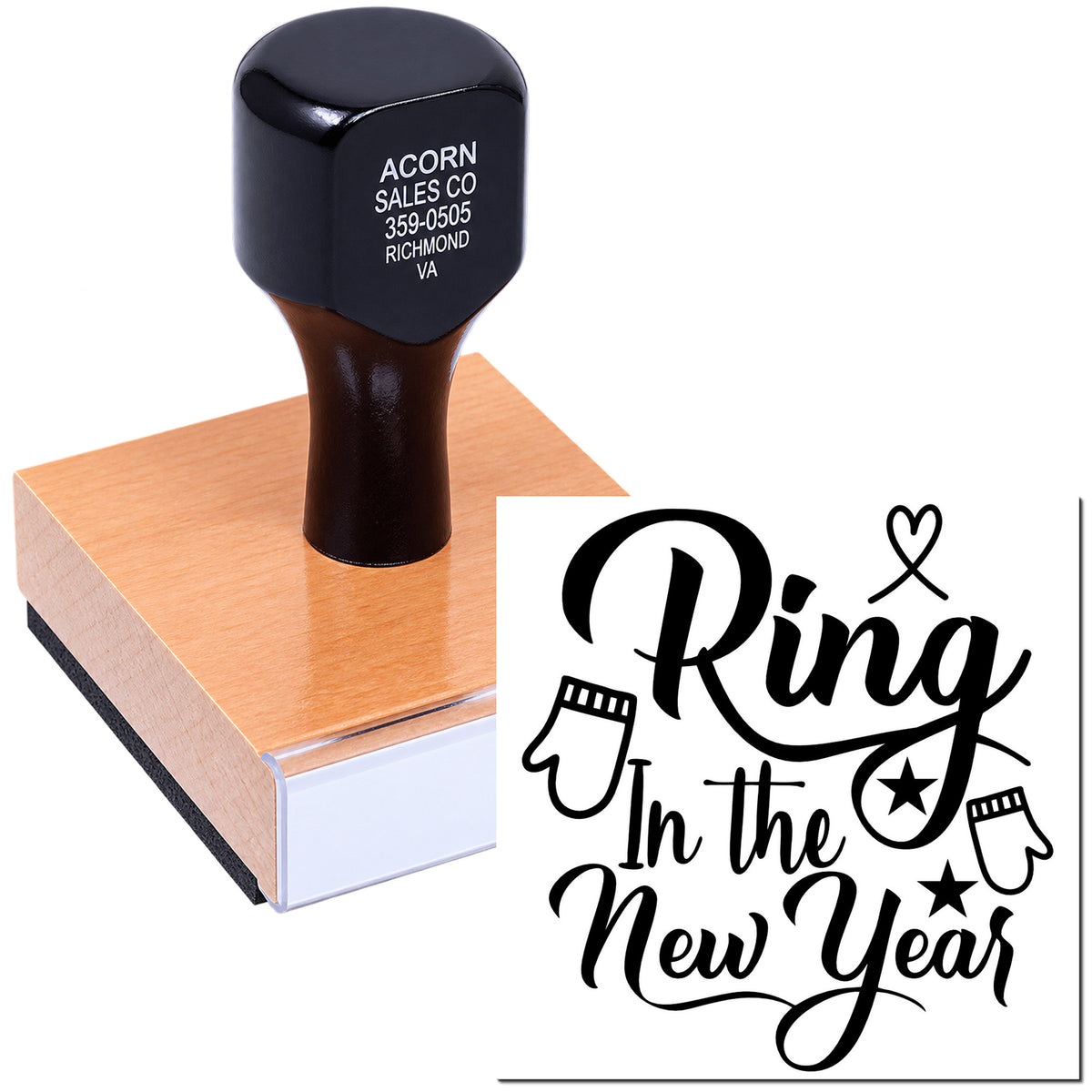Custom New Year rubber stamp with Ring In the New Year design for holiday cards, party invites, and crafts.