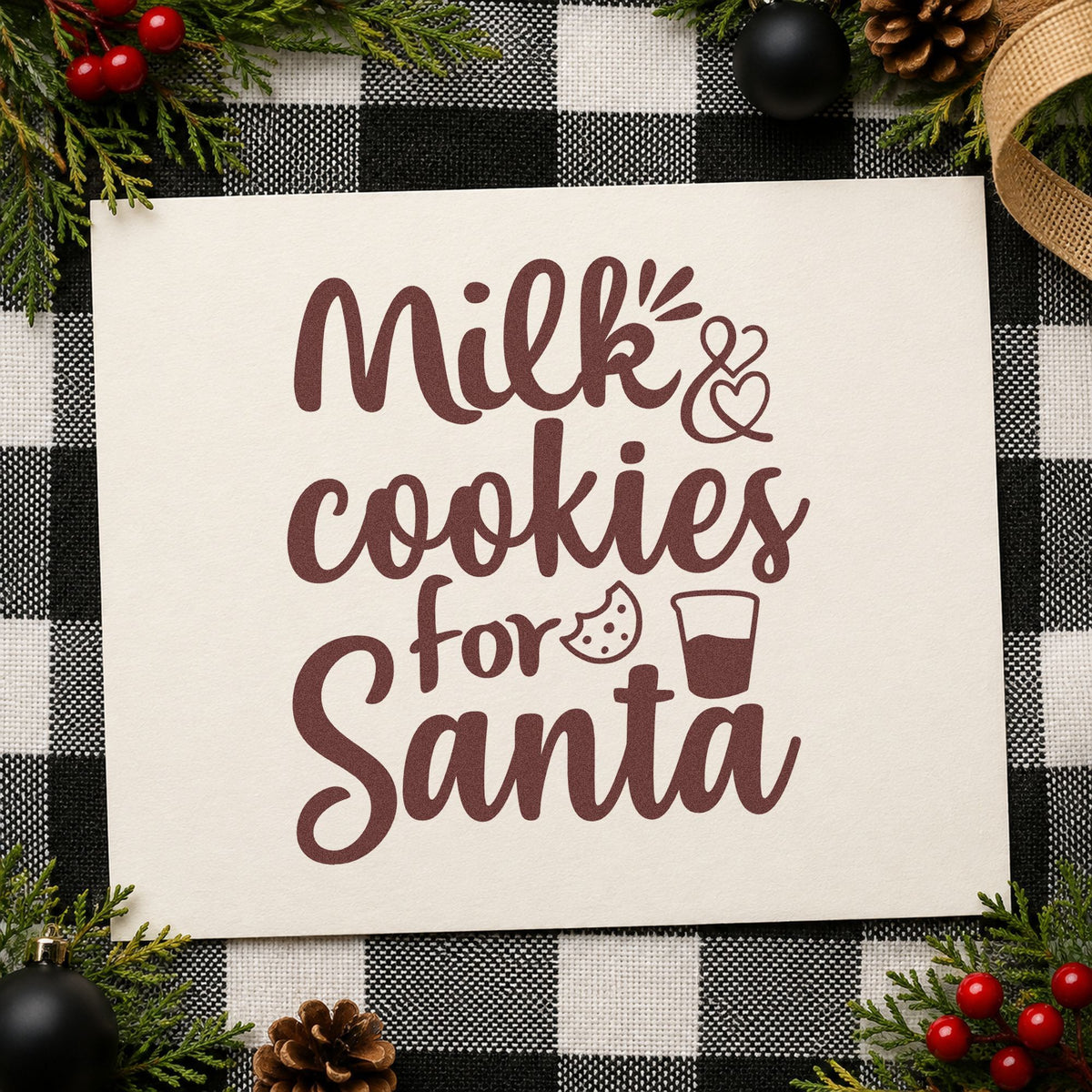 Milk And Cookies For Santa rubber stamp printed in brown ink, ready for snack prep sheet and similar paper crafts.