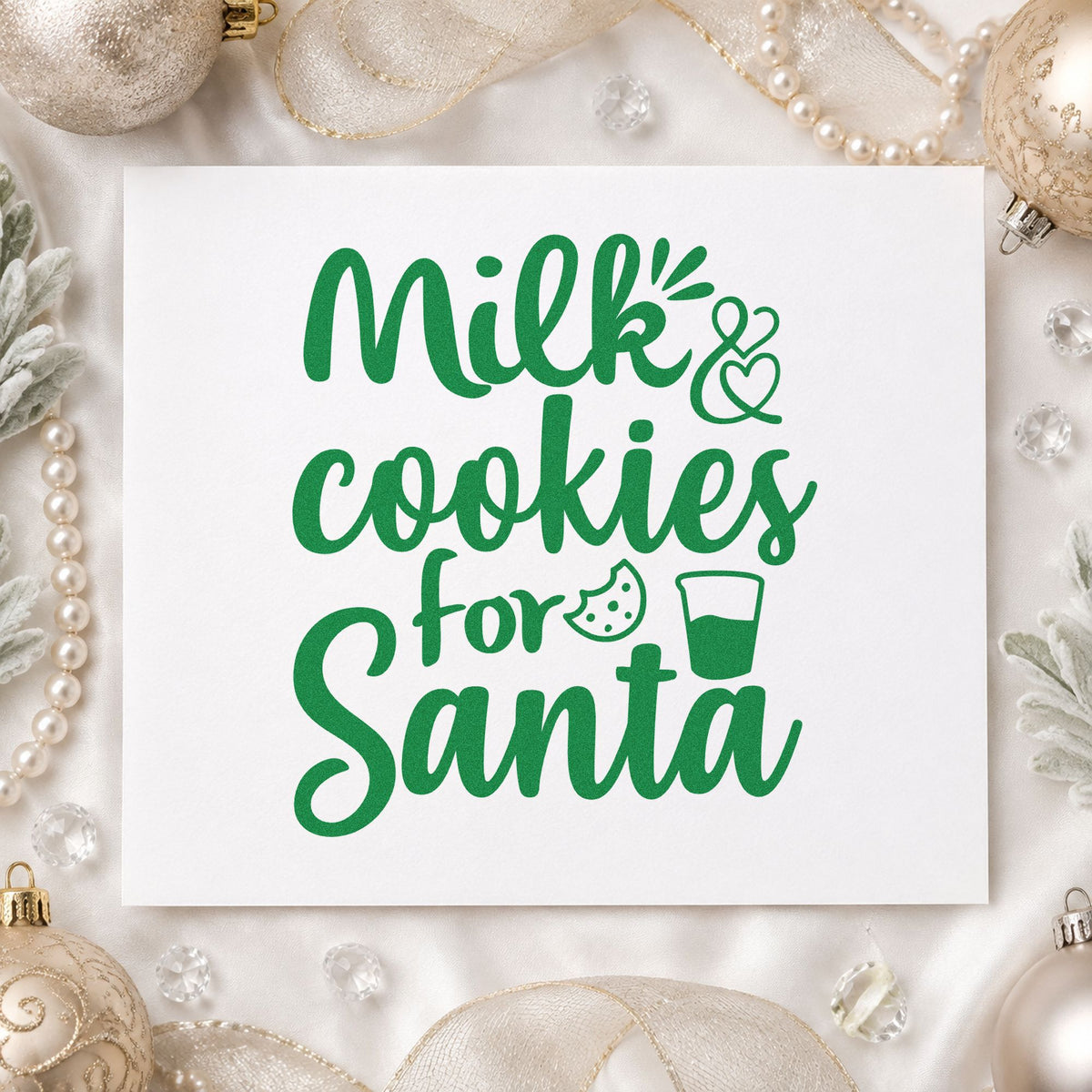 Milk And Cookies For Santa craft stamp imprinted in green ink on paper, a design suited to framed hearth shelf.