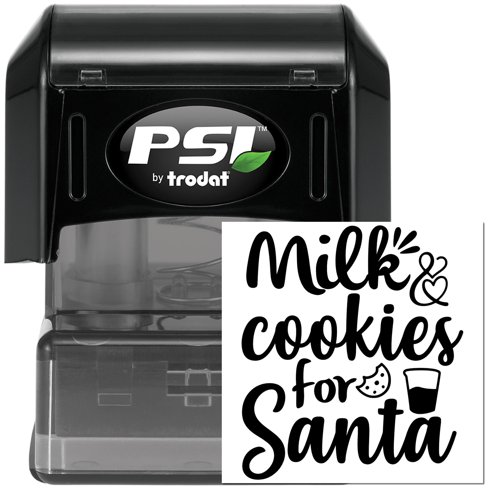 Self-inking rubber stamp with Milk & Cookies for Santa holiday design, ideal for Christmas cookie gift packaging.