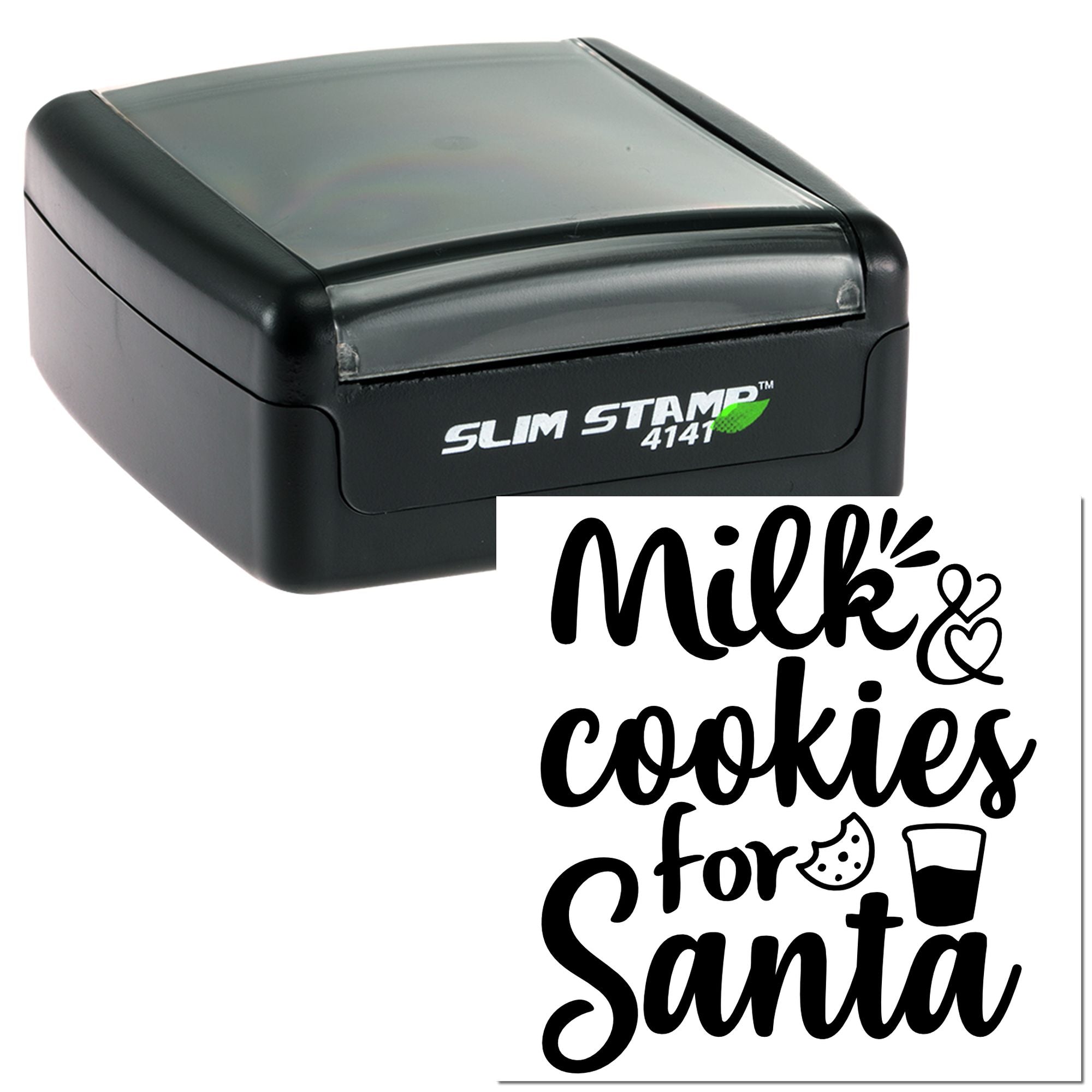 Self-inking rubber stamp imprint reading Milk & cookies for Santa for Christmas treat trays and holiday gift tags.