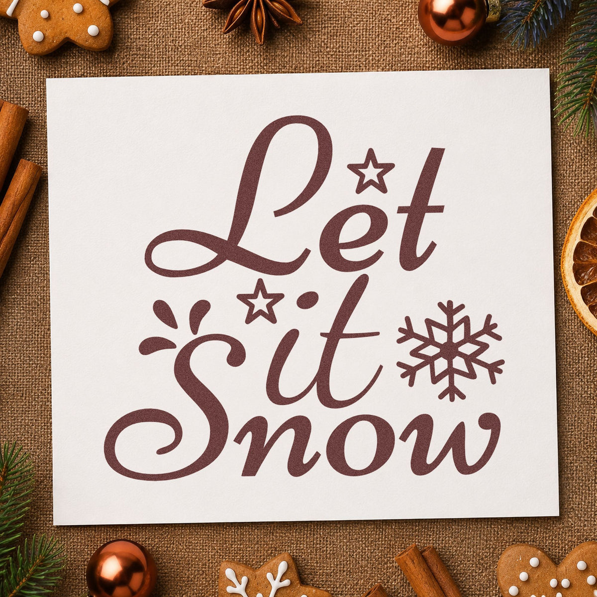Let It Snow Stars rubber stamp printed in brown ink, ready for trail report sheet and similar paper crafts.