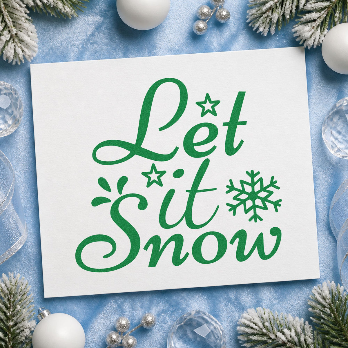 Let It Snow Stars craft stamp imprinted in green ink on paper, a design suited to framed lodge beam.