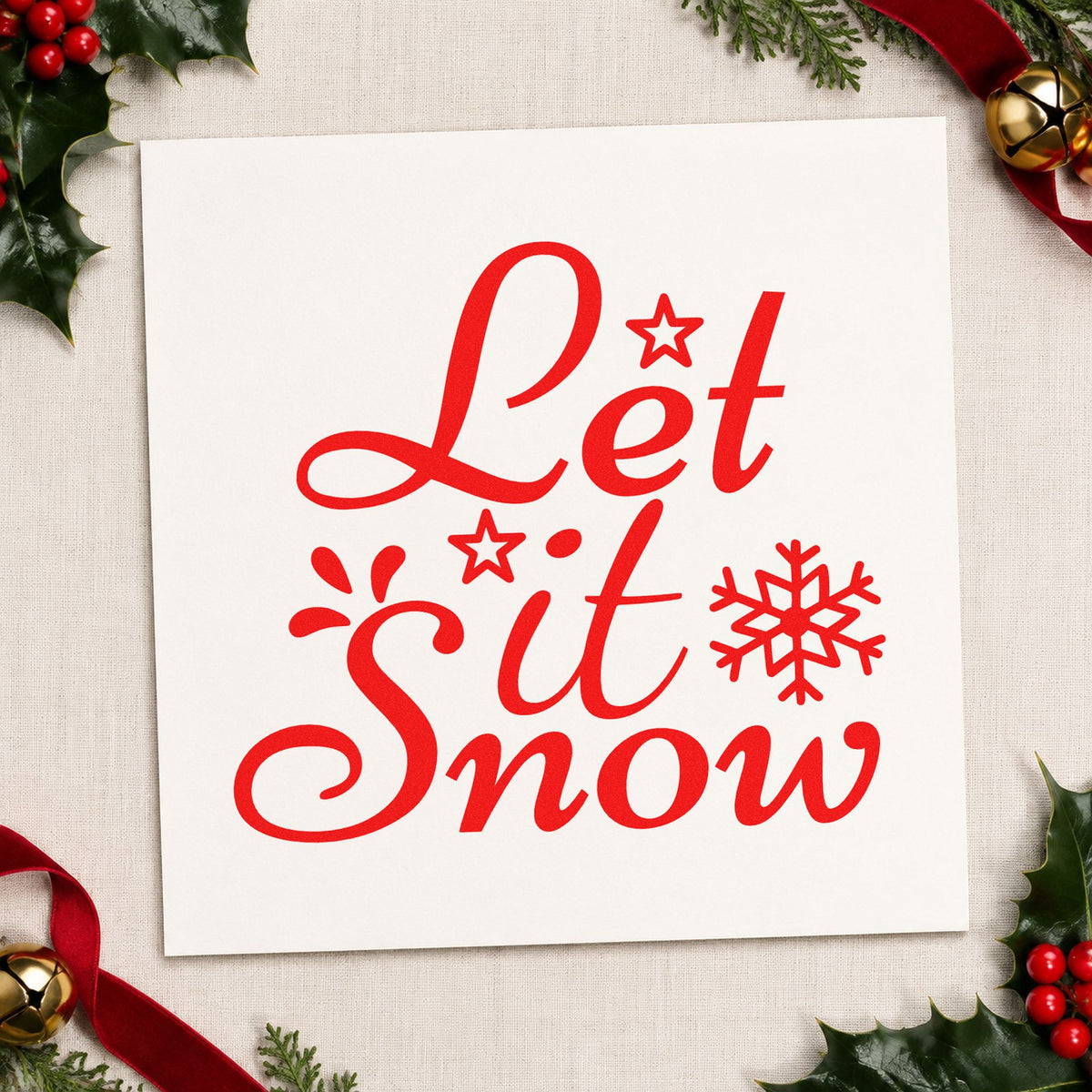 Let It Snow Stars rubber stamp shown in red ink, stamped for projects such as rental rack labels.