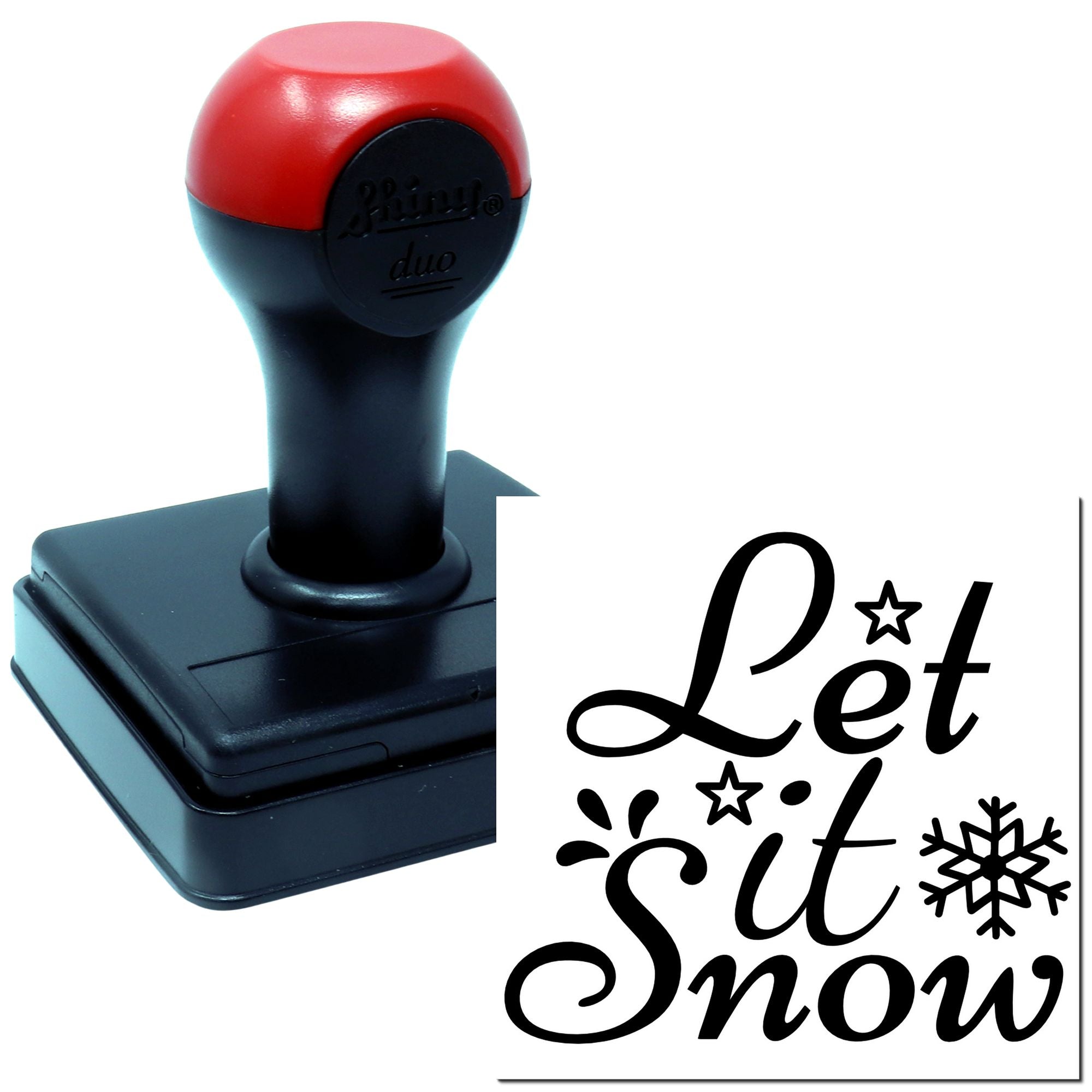 Self-inking rubber stamp with Let It Snow holiday design for winter cards, crafts, and seasonal packaging.
