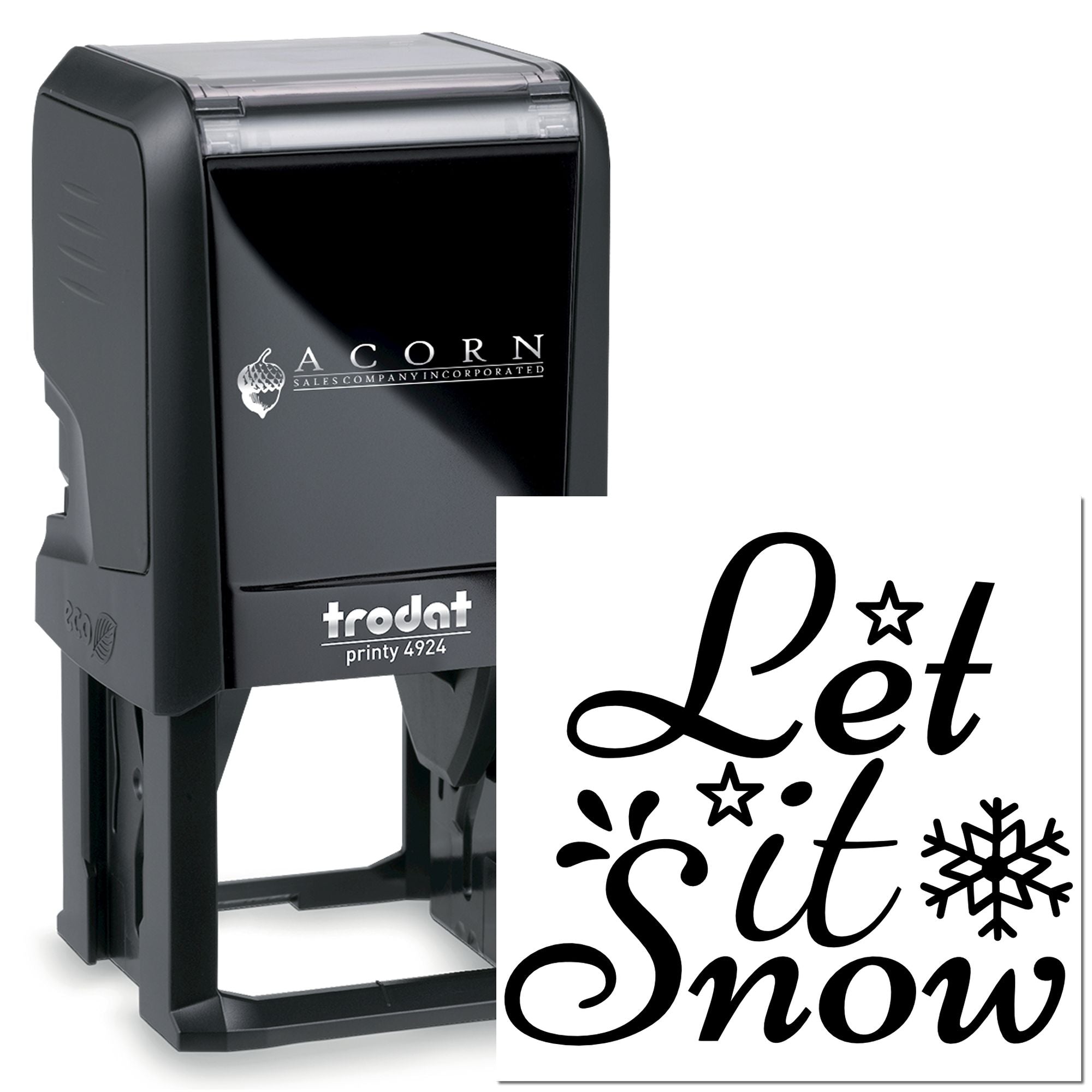 Custom self-inking rubber stamp with Let It Snow design and snowflake, Trodat Printy 4924 for holiday branding.