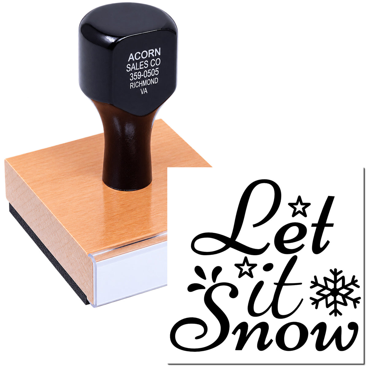 Custom rubber stamp with business imprint and Let It Snow seasonal design for holiday cards and crafts.