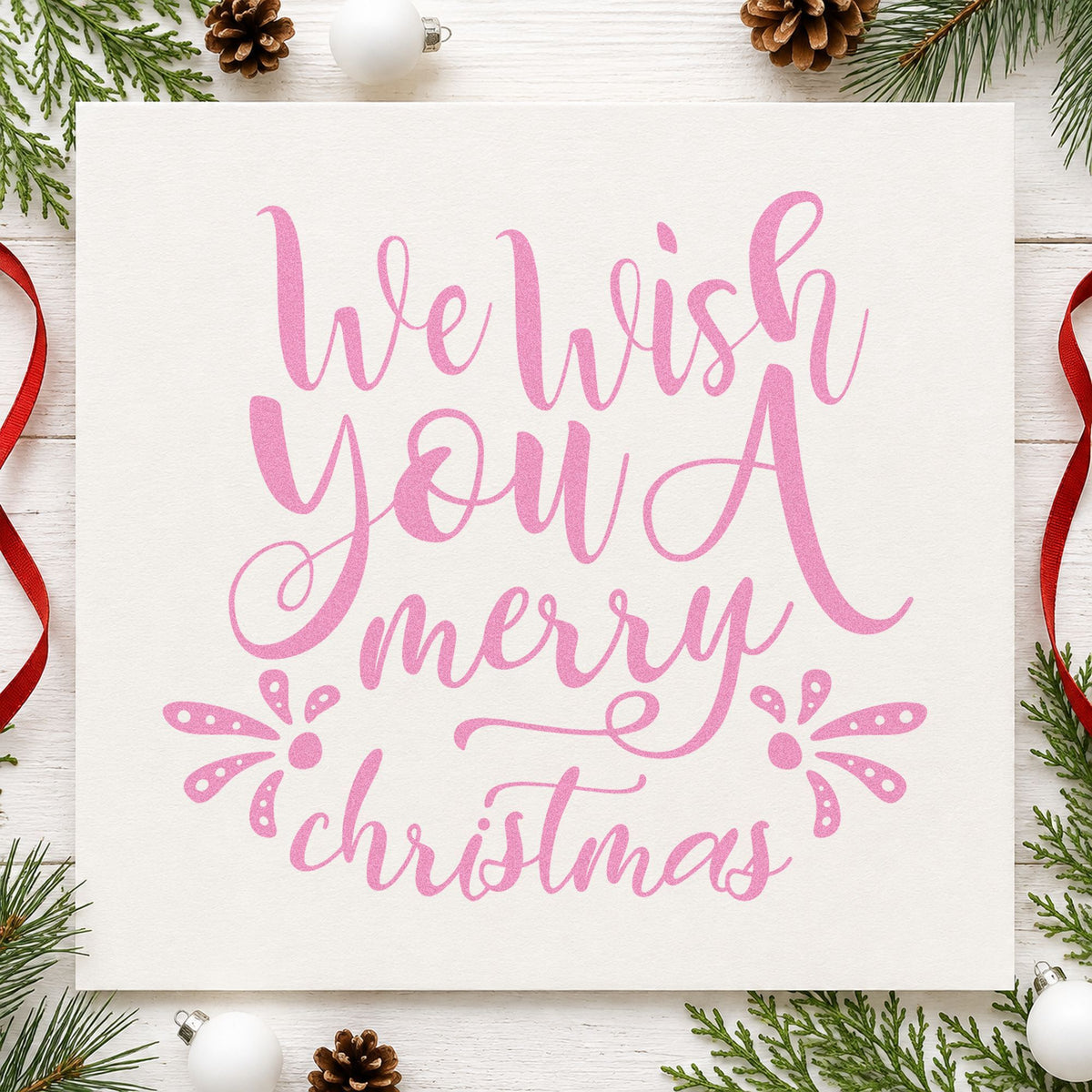 We Wish Merry Christmas craft stamp in purple ink on cardstock, an easy option for year letter album.