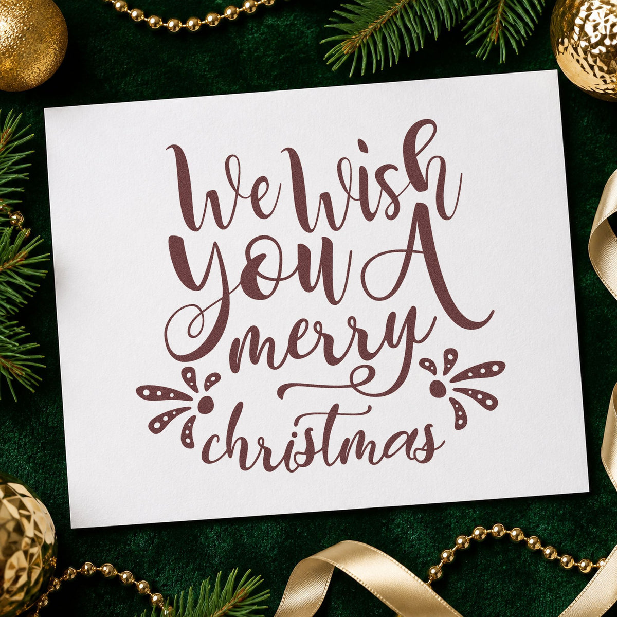 We Wish Merry Christmas rubber stamp printed in brown ink, ready for newsletter draft sheet and similar paper crafts.