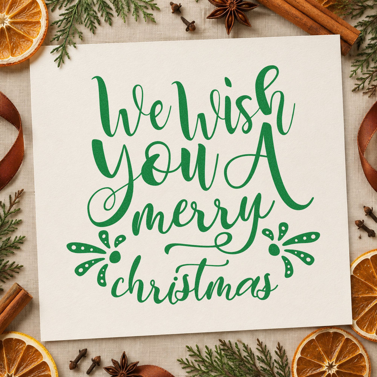 We Wish Merry Christmas craft stamp imprinted in green ink on paper, a design suited to framed photo ledge.