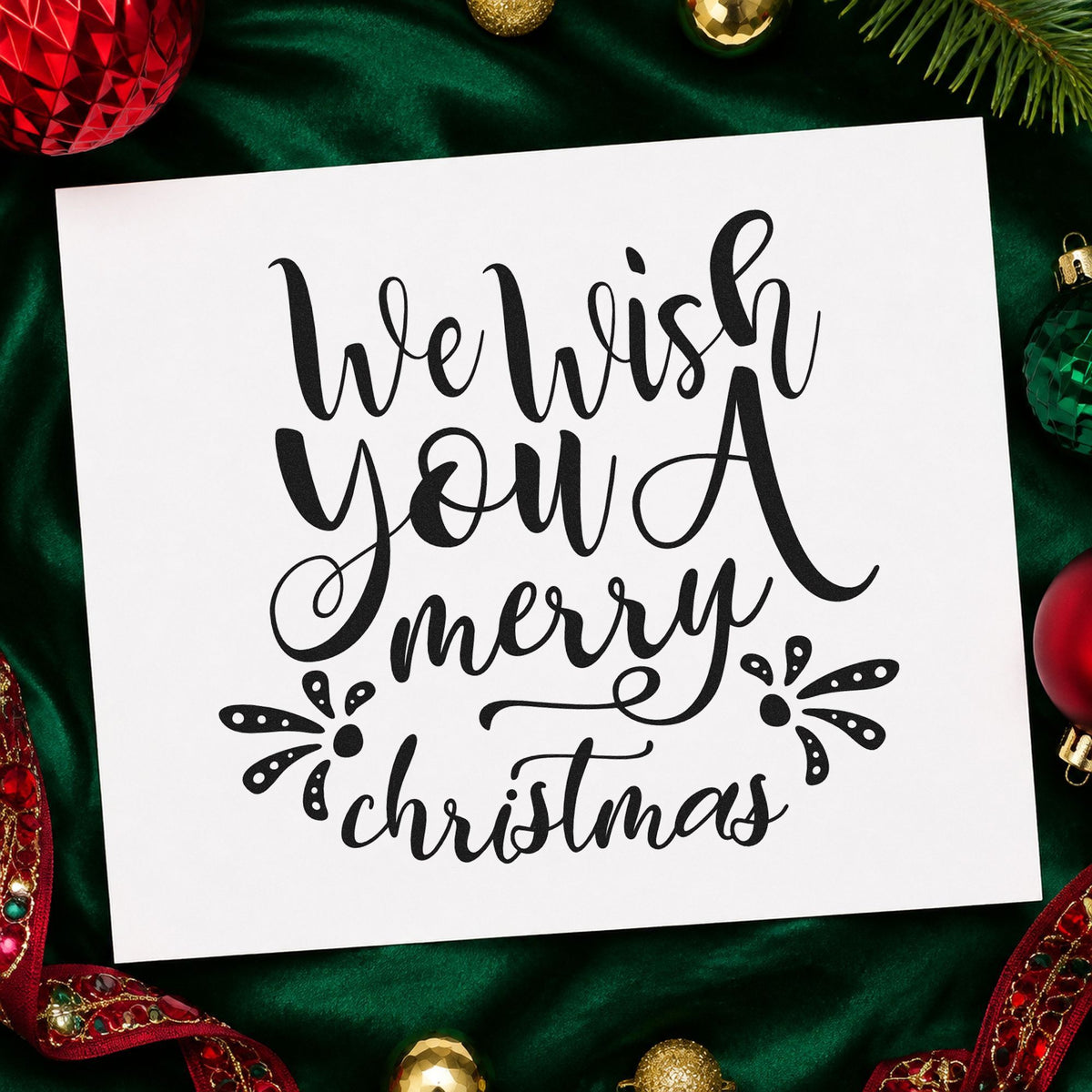 We Wish Merry Christmas rubber stamp printed in black ink, ready for dotted leaf cards and similar paper crafts.