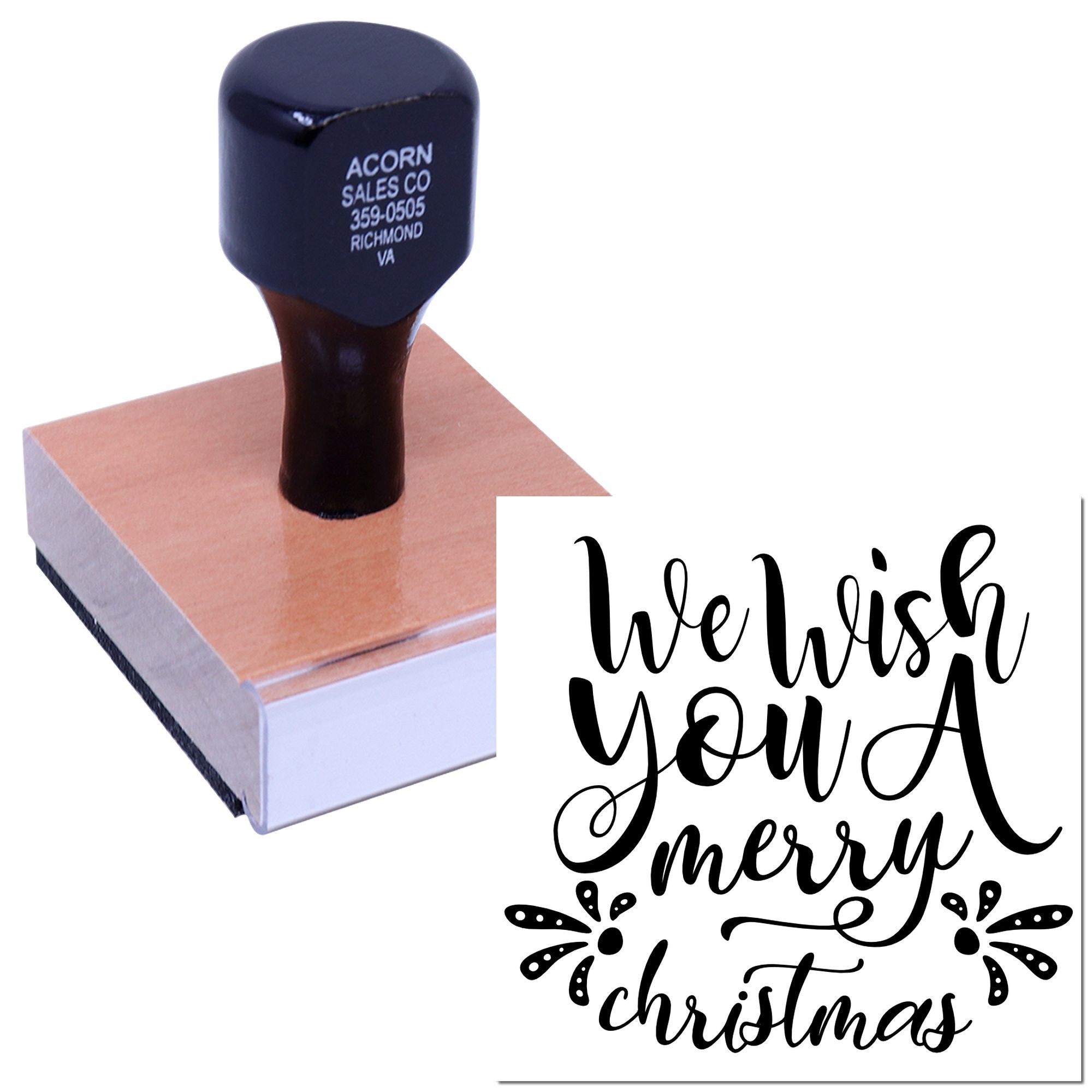 Custom rubber stamp with We Wish You a Merry Christmas design for holiday cards, crafts, and festive packaging.