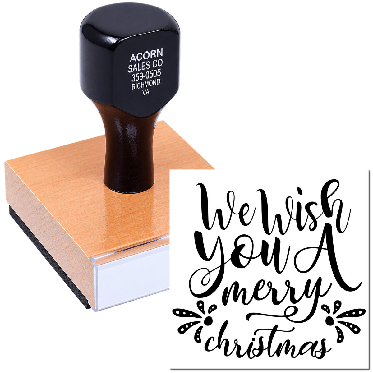 Custom rubber stamp with We Wish You a Merry Christmas design for holiday cards, crafts, and festive packaging.