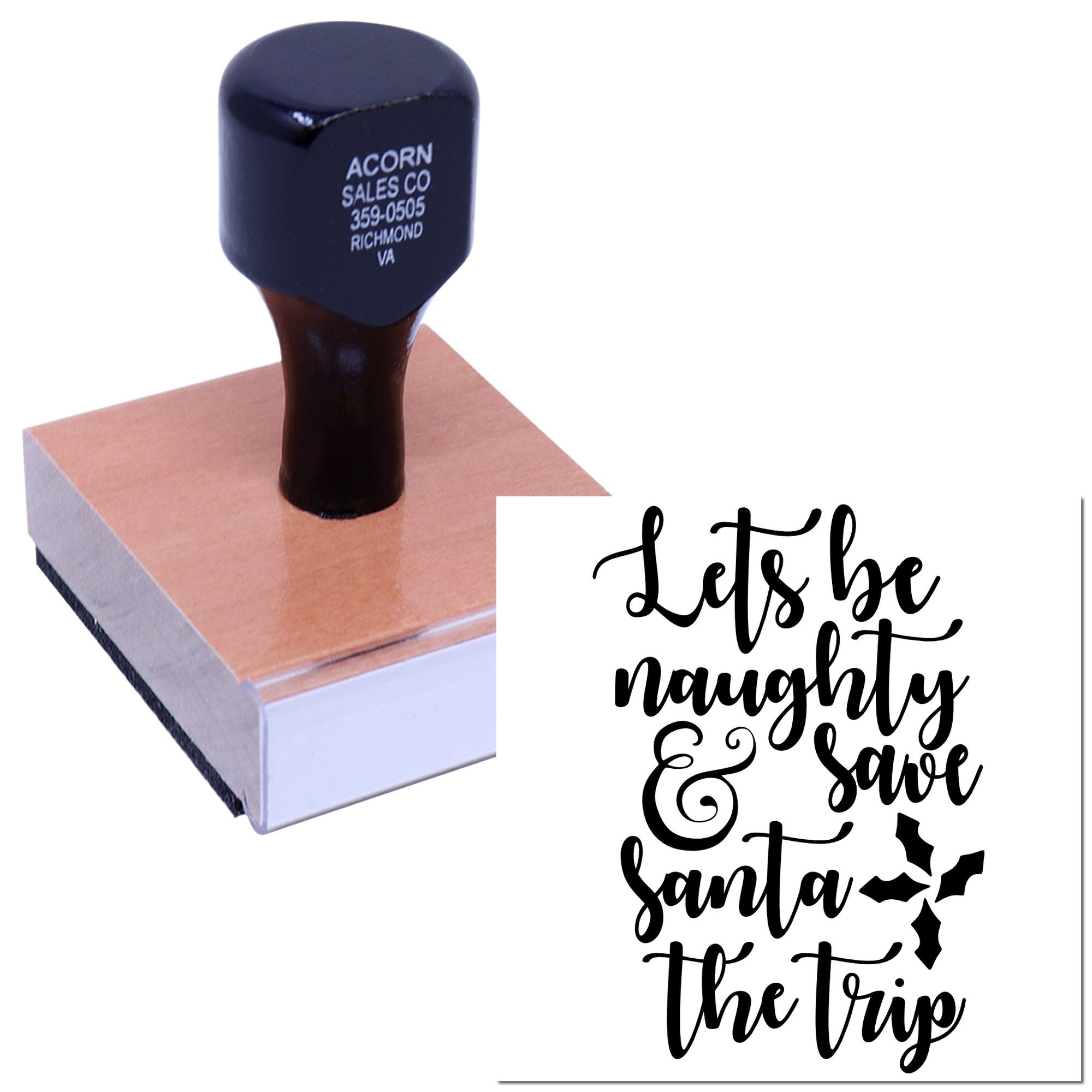 Custom Christmas rubber stamp with Lets be naughty & save Santa the trip holiday message for cards, gifts, and crafts.