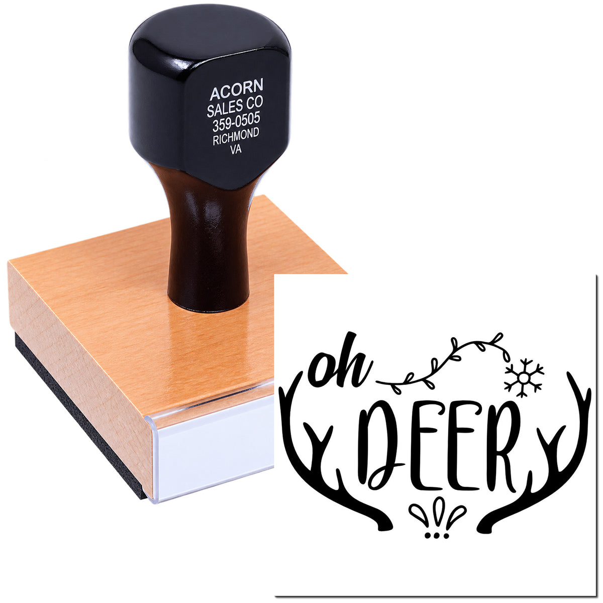 Custom rubber stamp with oh DEER antler design for Christmas cards, holiday crafts, and handmade seasonal projects.
