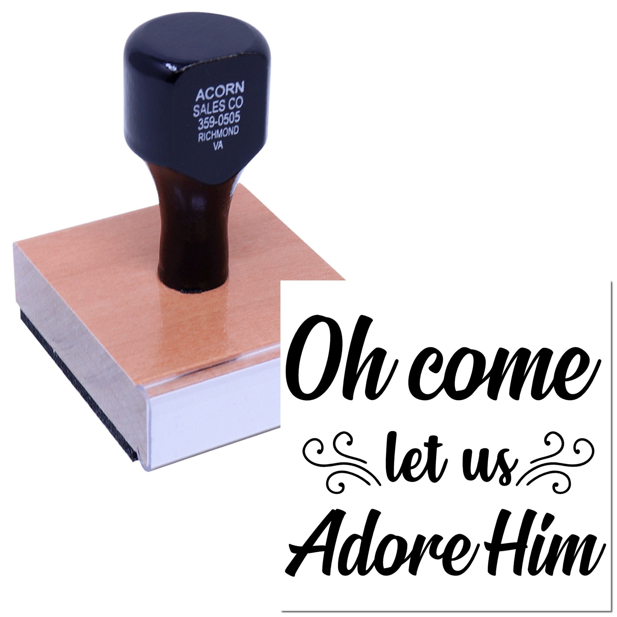 Custom Christmas rubber stamp with Oh Come Let Us Adore Him for holiday cards, church crafts, and religious decor.