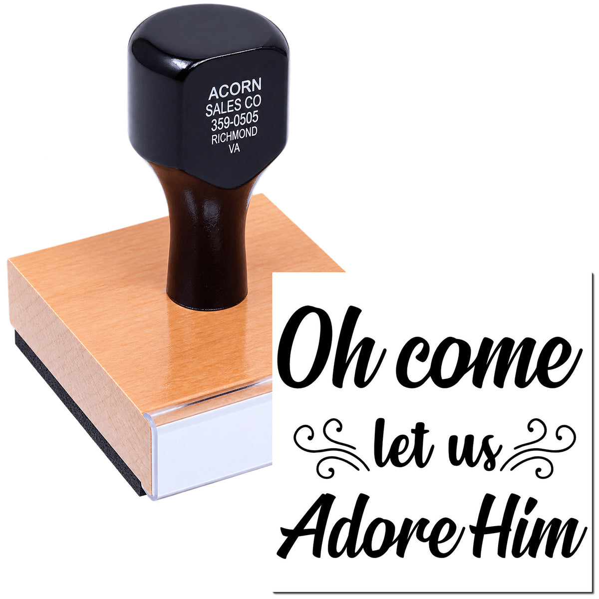 Custom Christmas rubber stamp with Oh Come Let Us Adore Him for holiday cards, church crafts, and religious decor.