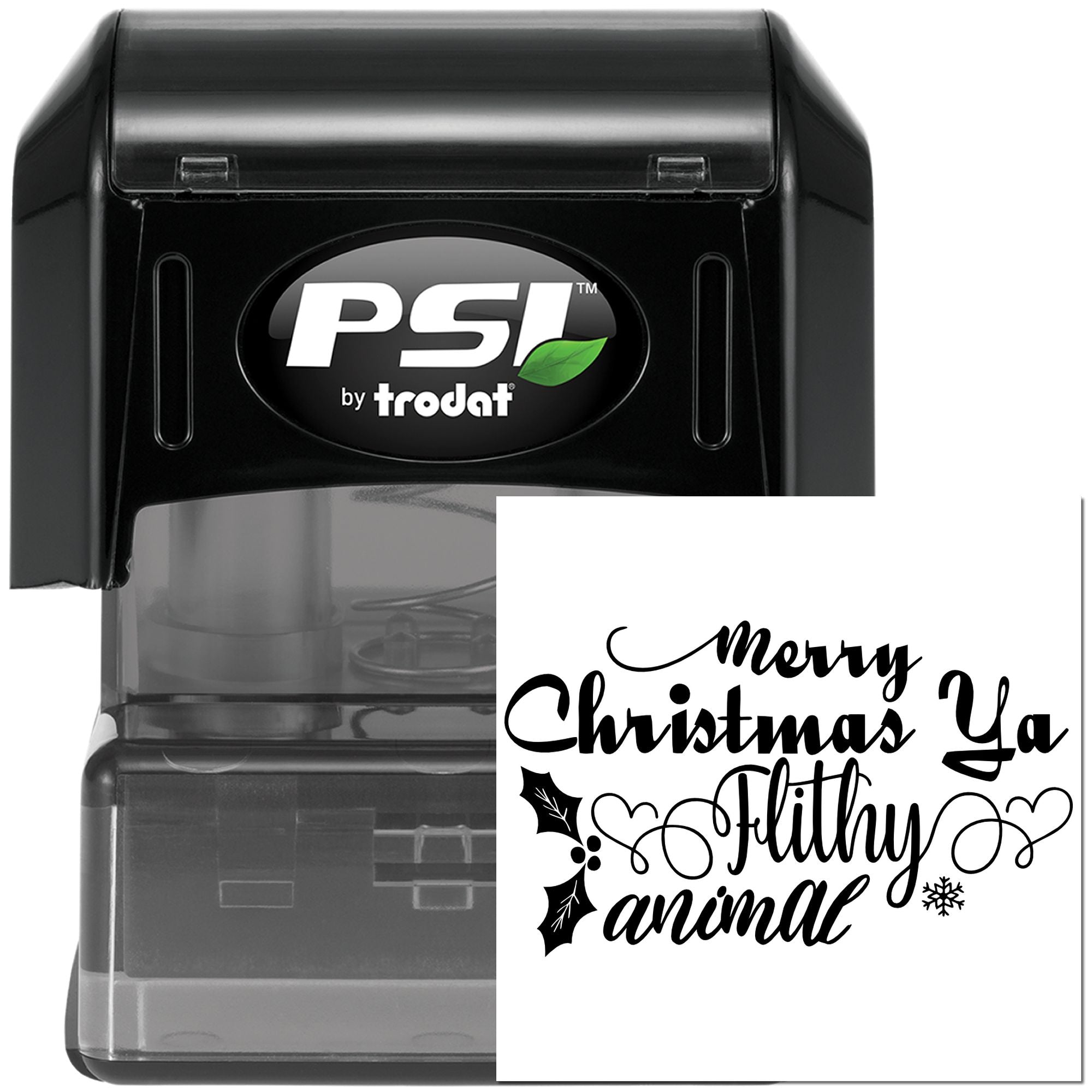 PSI by Trodat self-inking rubber stamp with Merry Christmas ya filthy animal holiday imprint for festive card making.