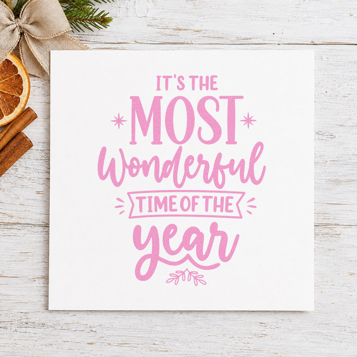 Most Wonderful Time Of Year craft stamp in purple ink on cardstock, an easy option for layout study album.