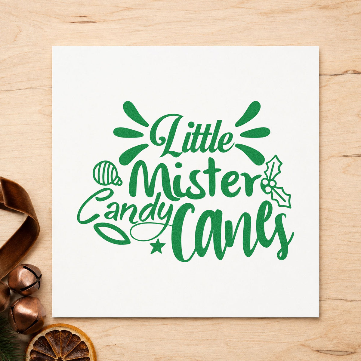 Little Mister Candy Canes craft stamp imprint in green ink on a handmade project, one idea being bow tie gift tags.