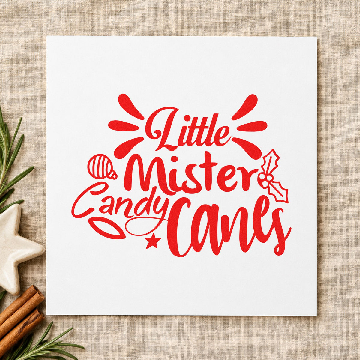 Little Mister Candy Canes craft stamp in red ink on cardstock, an easy option for romper front printing.