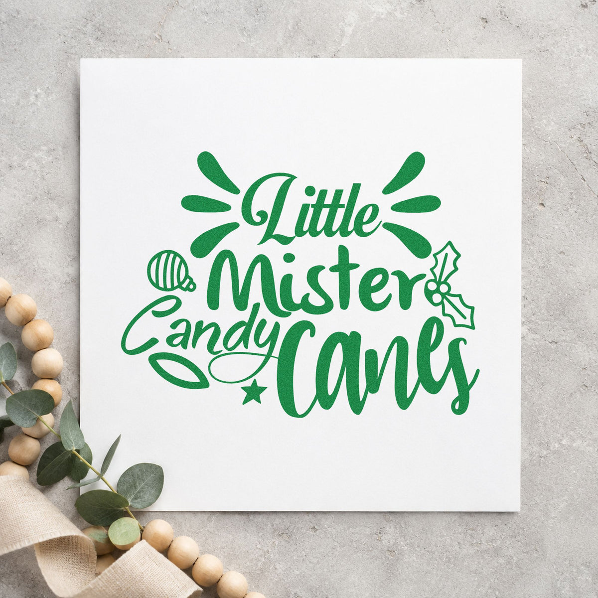 Little Mister Candy Canes craft stamp imprinted in green ink on paper, a design suited to framed nursery ledge.