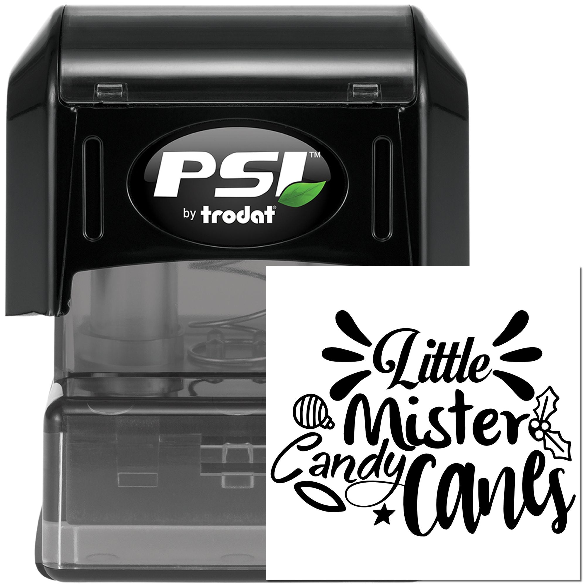PSI by Trodat self-inking rubber stamp with Little Mister Candy Canes Christmas design for custom holiday stamping.
