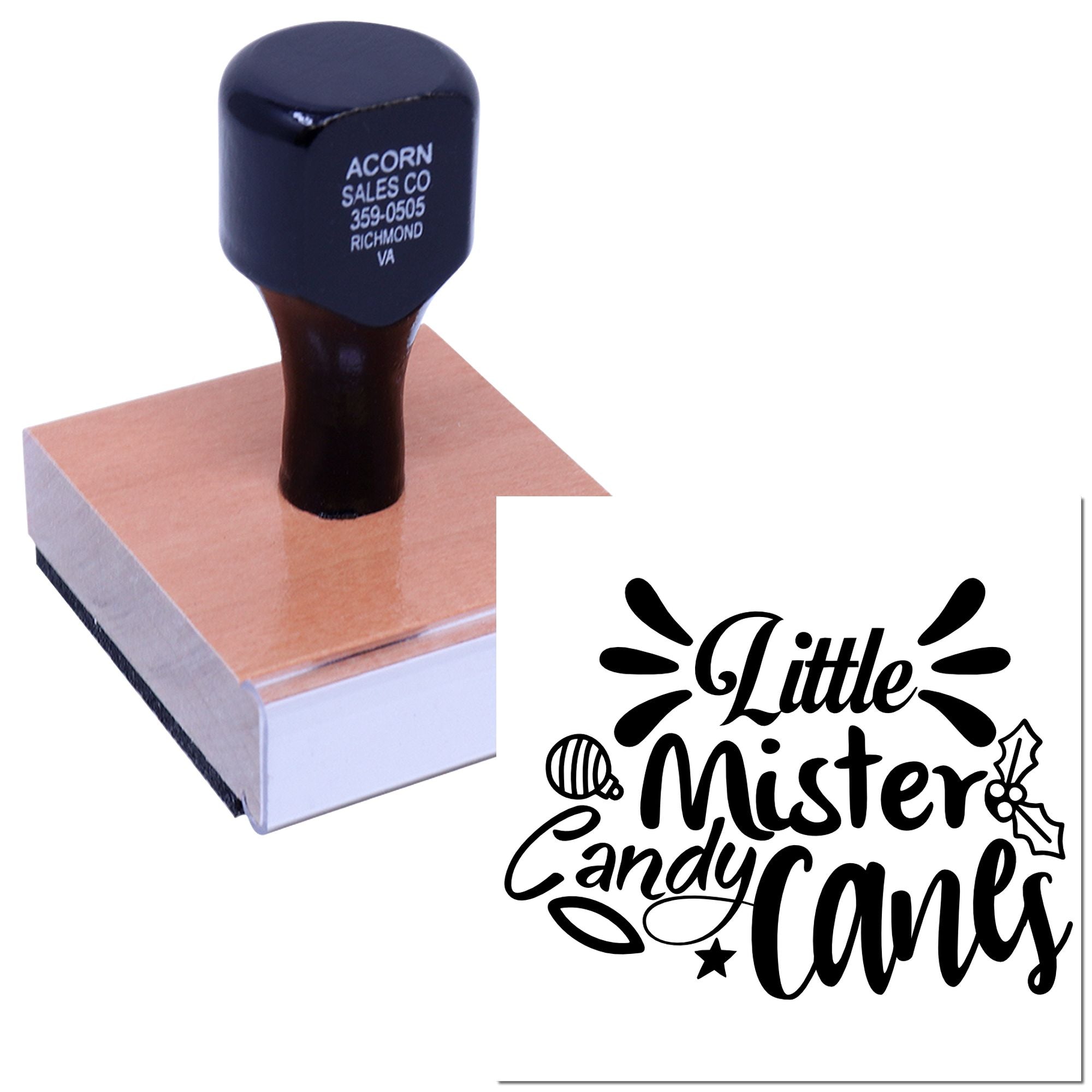 Custom rubber stamp and holiday logo proof for Little Mister Candy Canes, with Acorn Sales Co. address stamp.