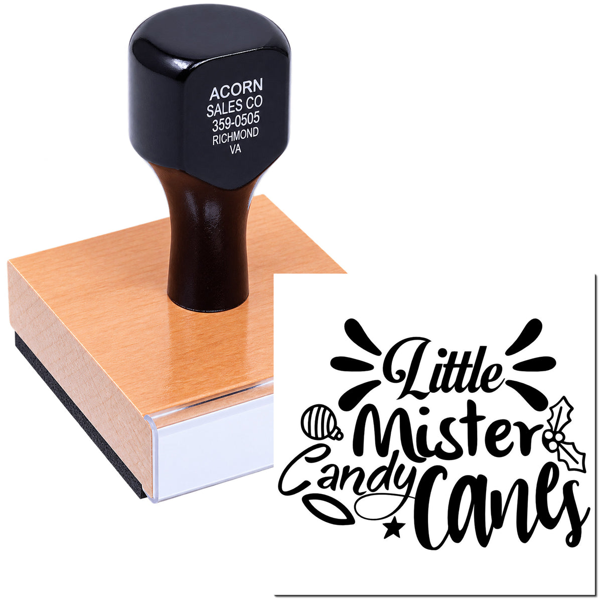Custom rubber stamp and holiday logo proof for Little Mister Candy Canes, with Acorn Sales Co. address stamp.