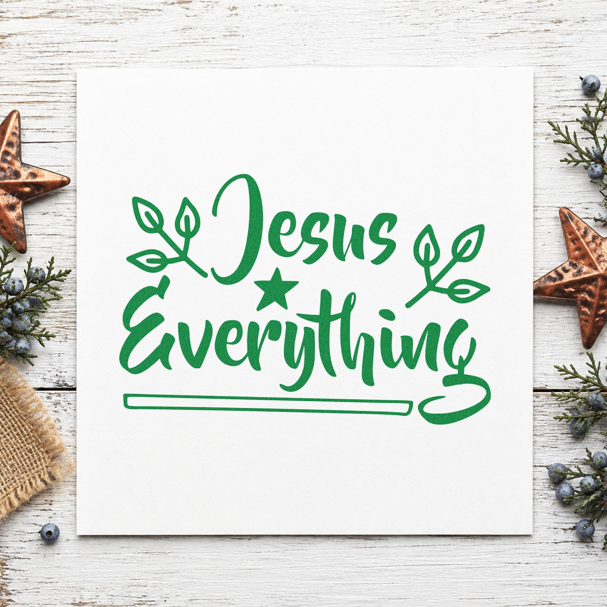 Jesus Everything Star And Leaves craft stamp imprinted in green ink on paper, a design suited to framed truck visor.
