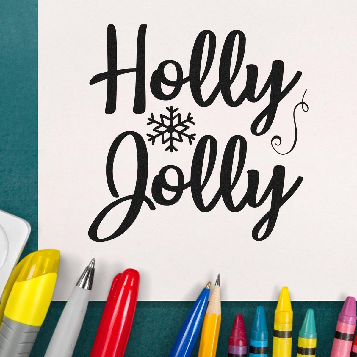 Holly Jolly Snowflake Premium Wooden Stamp - Vintage Pro imprint stamped in black ink. "Holly Jolly" appears in large script with a snowflake between the words.