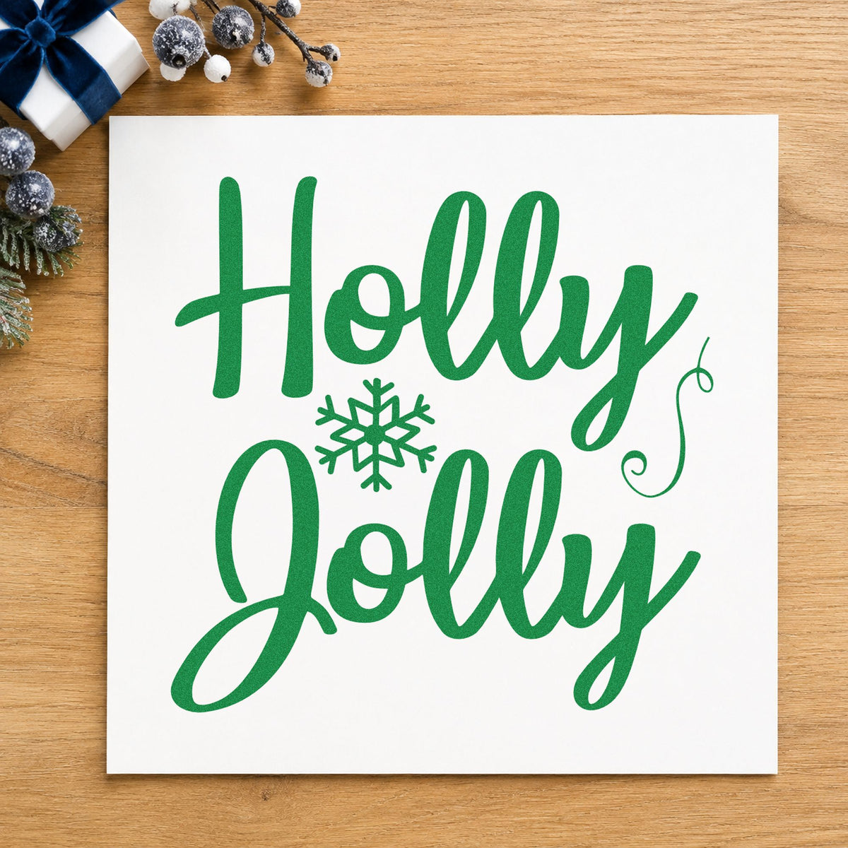 Holly Jolly Snowflake craft stamp imprinted in green ink on paper, a design suited to framed diptych pair.