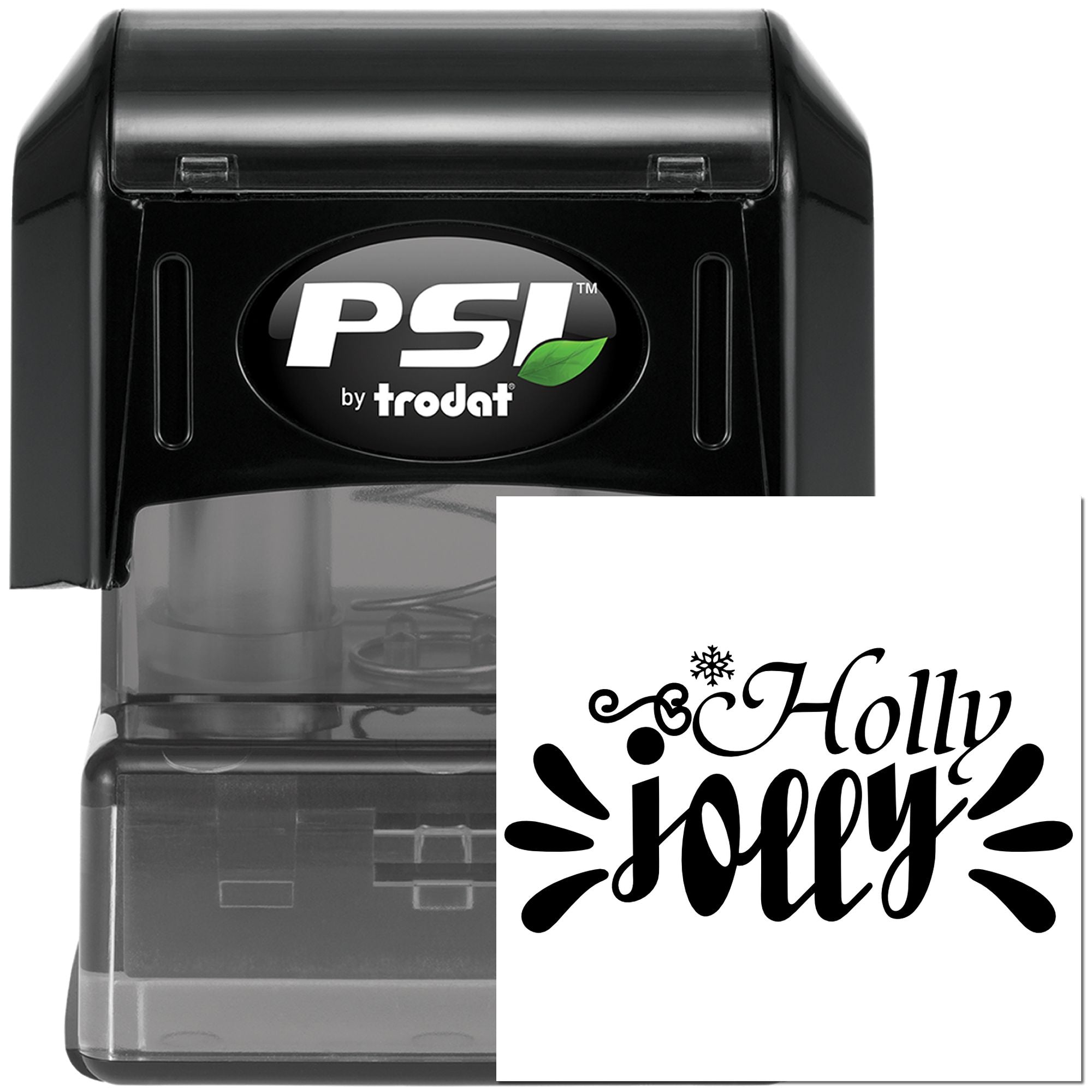 PSI by Trodat self-inking rubber stamp with Holly Jolly holiday design for Christmas cards, crafts, and gift packaging.