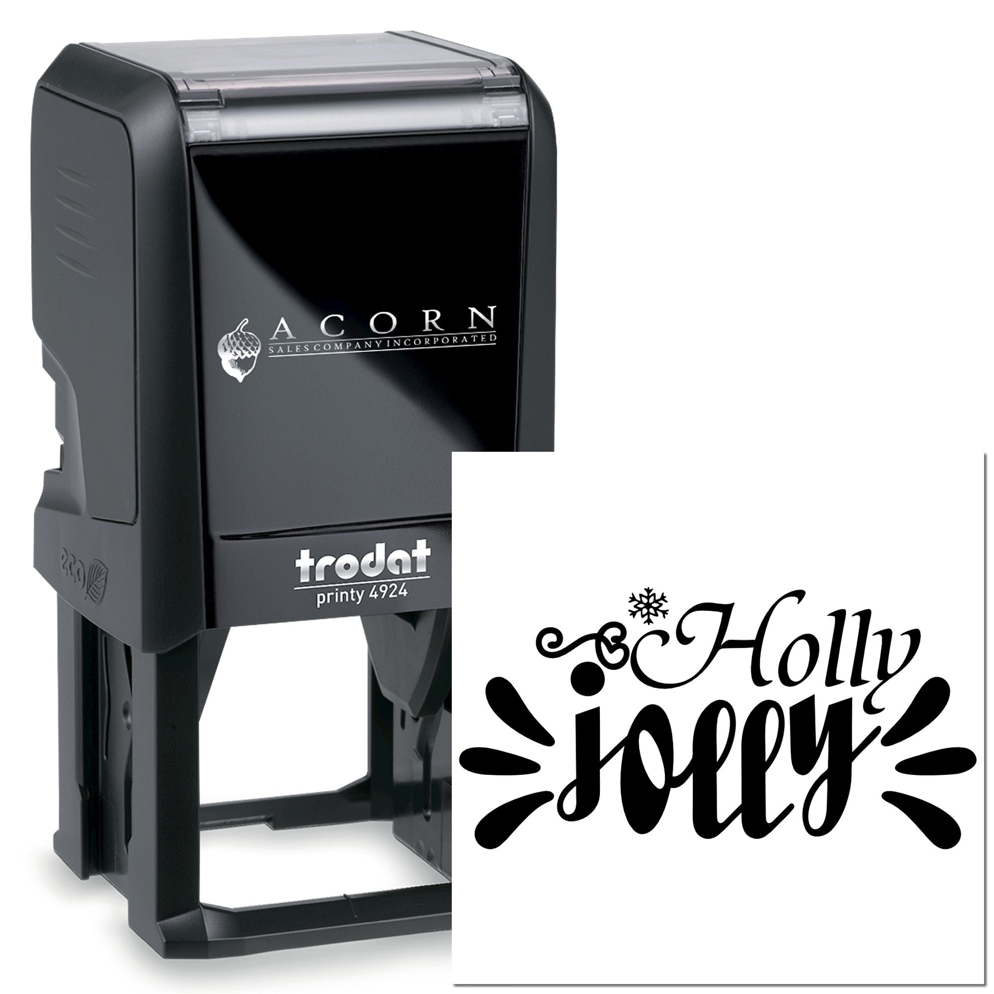 Self-inking rubber stamp with Holly Jolly holiday design for festive cards, packaging, and seasonal branding.