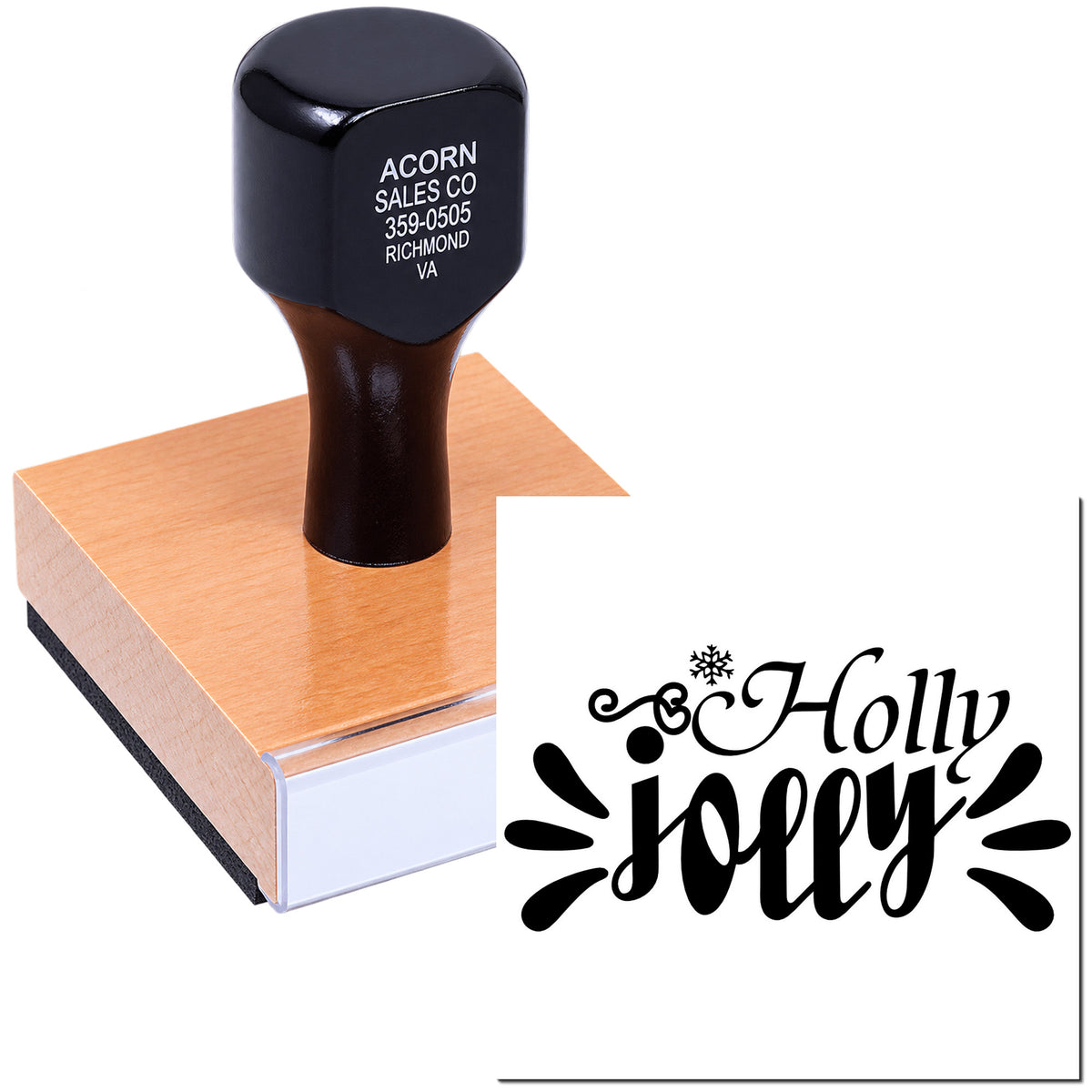 Custom rubber stamp with Holly Jolly holiday design, ideal for festive cards, crafts, and seasonal branding.
