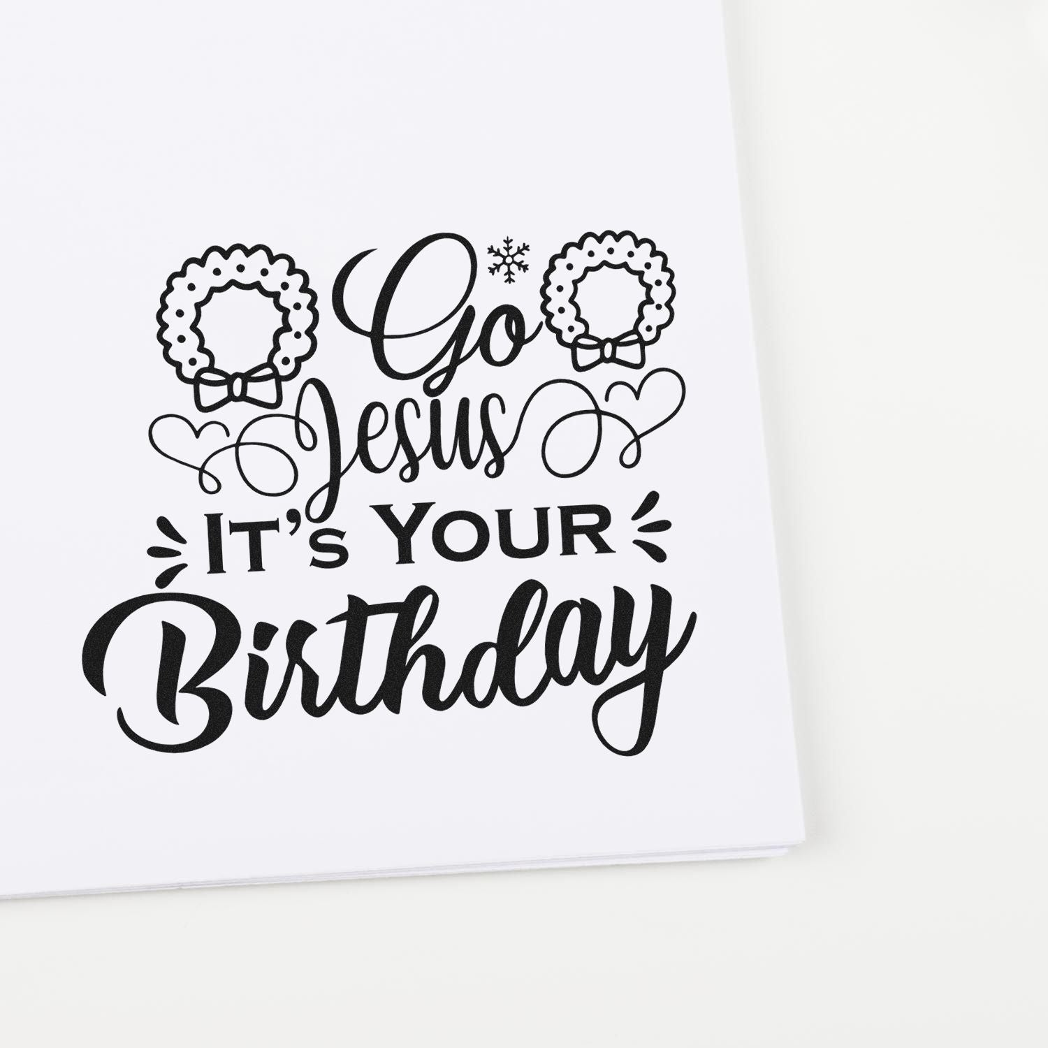Go Jesus Its Your Birthday rubber stamp design with wreath, heart, and festive Christian lettering.