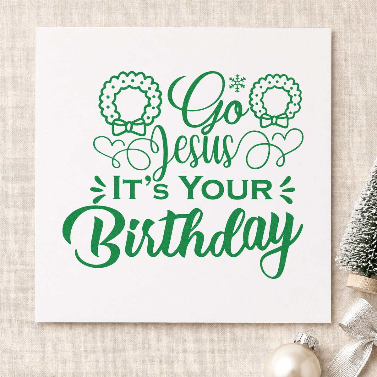 Go Jesus It's Your Birthday craft stamp imprint in green ink on a handmade project, one idea being cupcake plate tags.