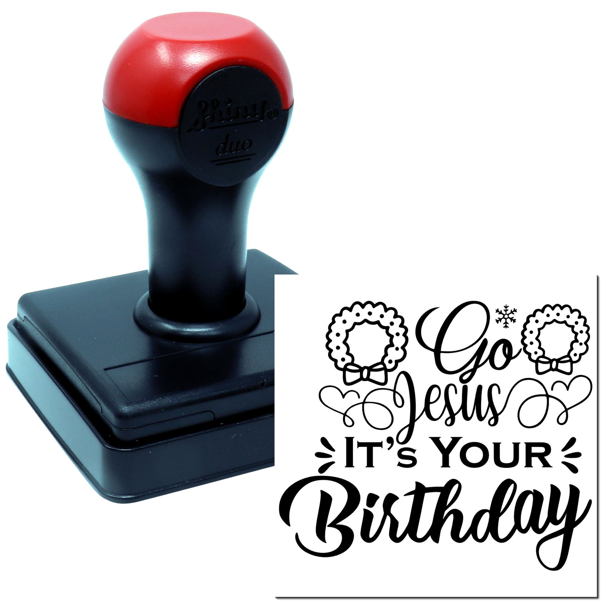Custom self-inking rubber stamp with Go Jesus Its Your Birthday design for Christian birthday cards and crafts.