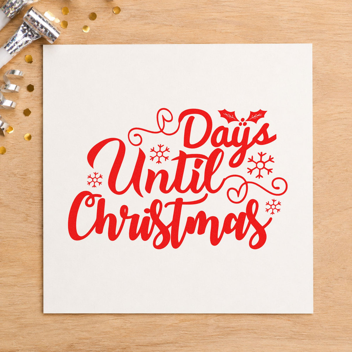 Days Until Christmas rubber stamp shown in red ink, stamped for projects such as drawer day labels.