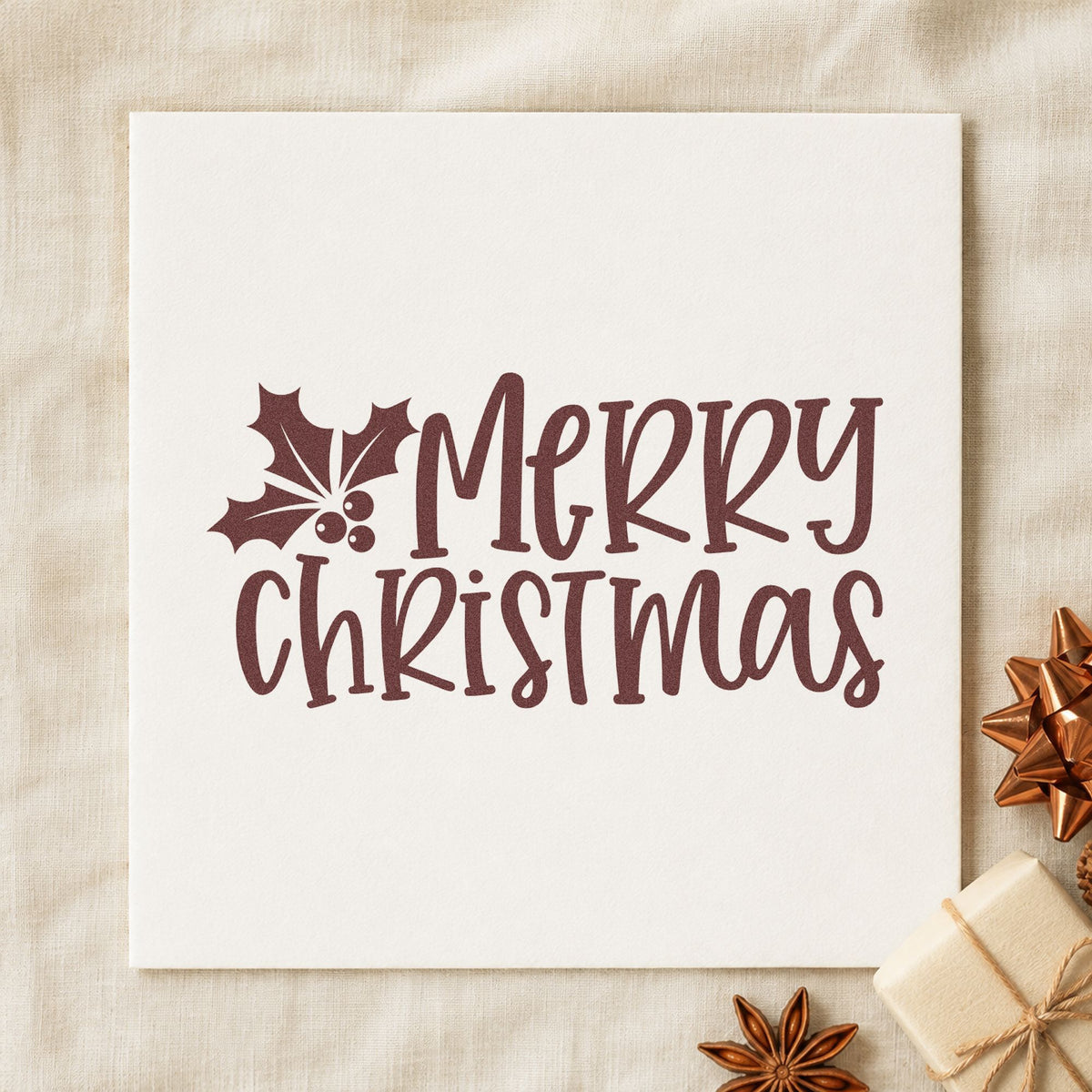 Merry Christmas Holly Corner rubber stamp printed in brown ink, ready for letter head sheet and similar paper crafts.