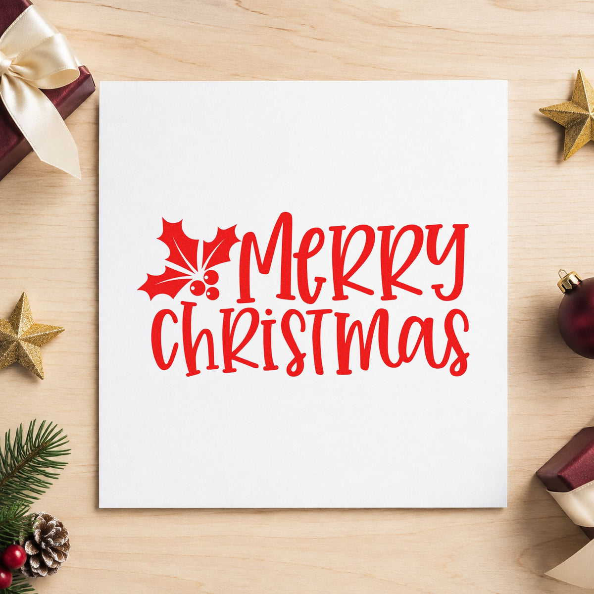 Merry Christmas Holly Corner rubber stamp shown in red ink, stamped for projects such as box lid labels.