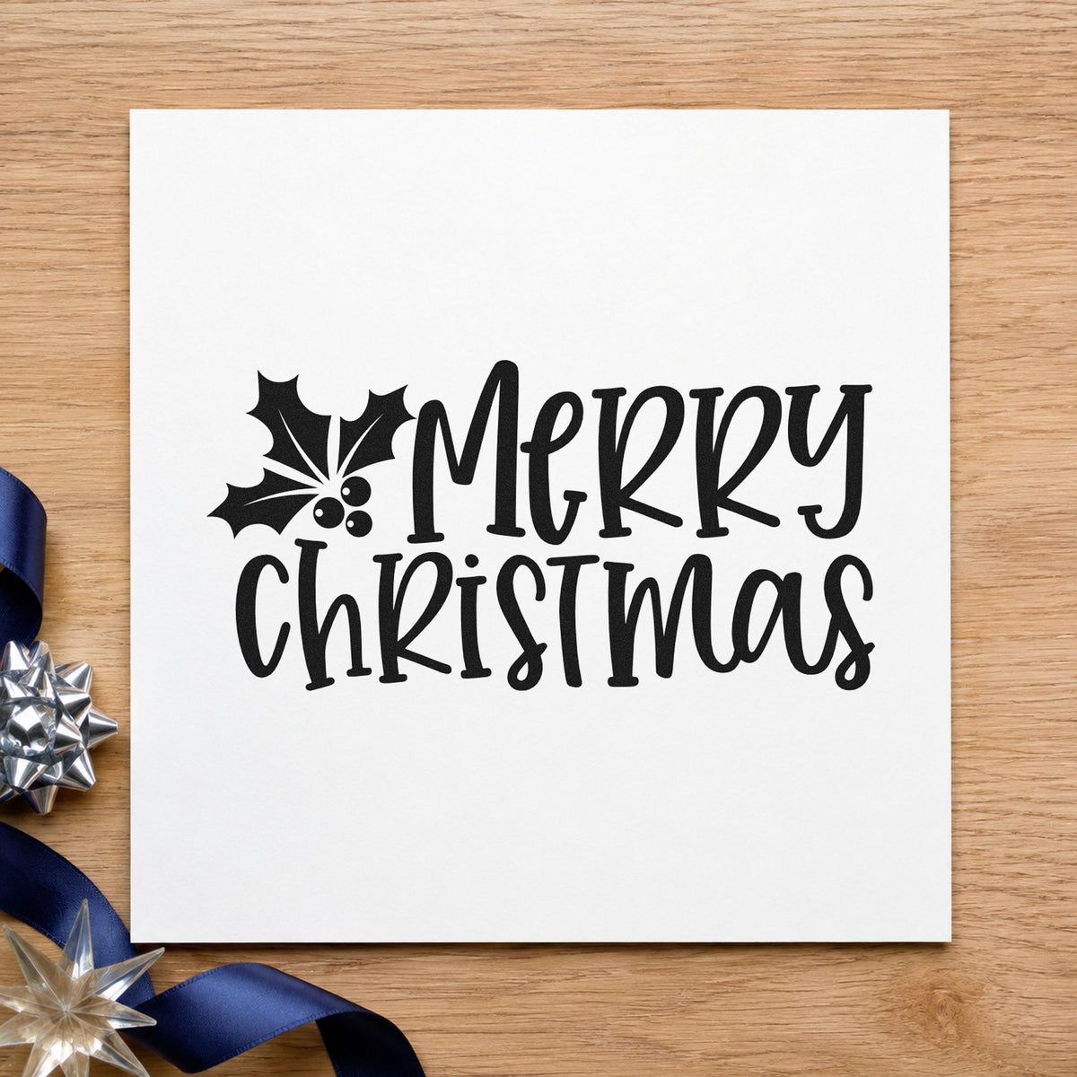 Merry Christmas Holly Corner rubber stamp printed in black ink, ready for upper left cards and similar paper crafts.