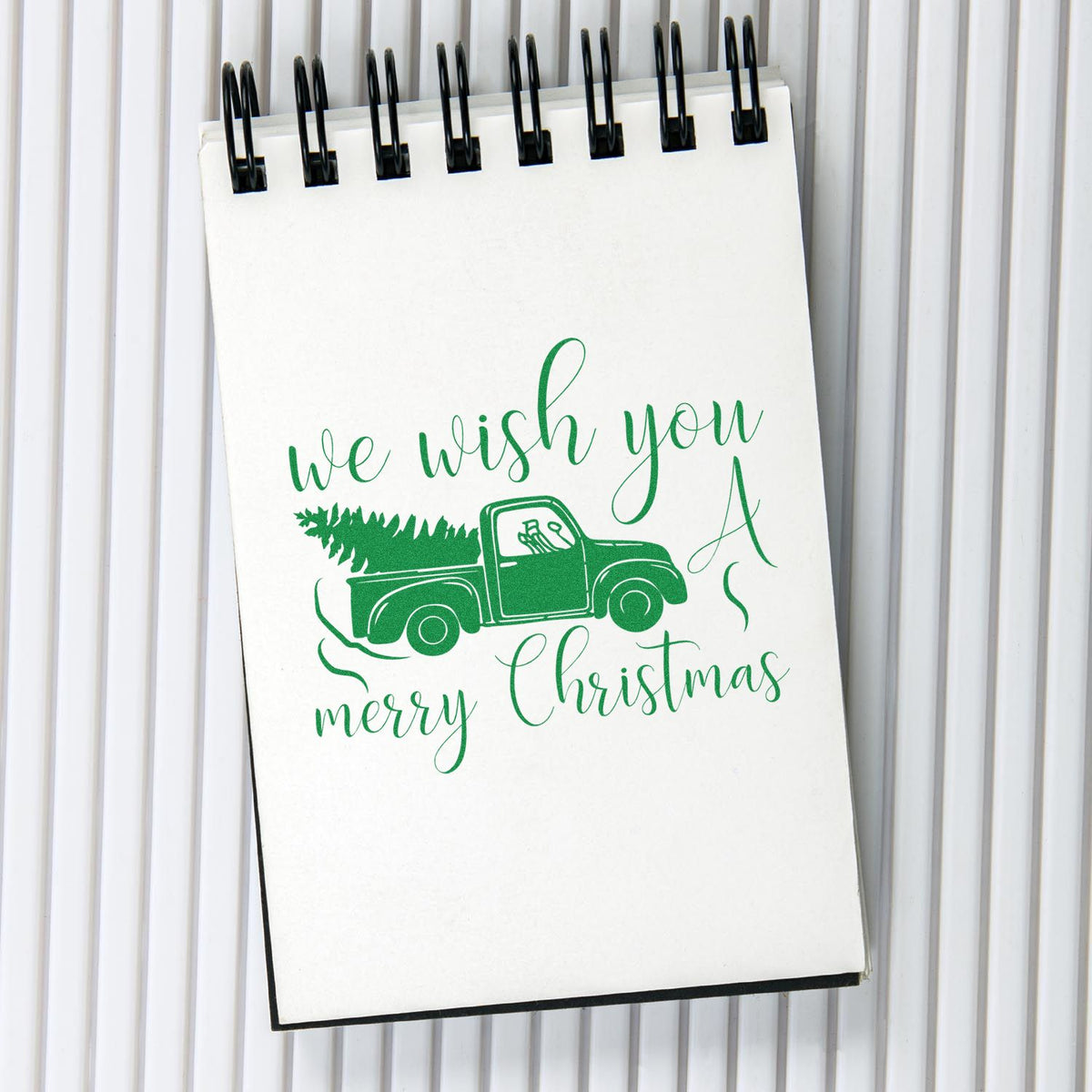 Wish You Christmas Pickup rubber stamp shown in green ink, stamped for projects such as restoration album page.