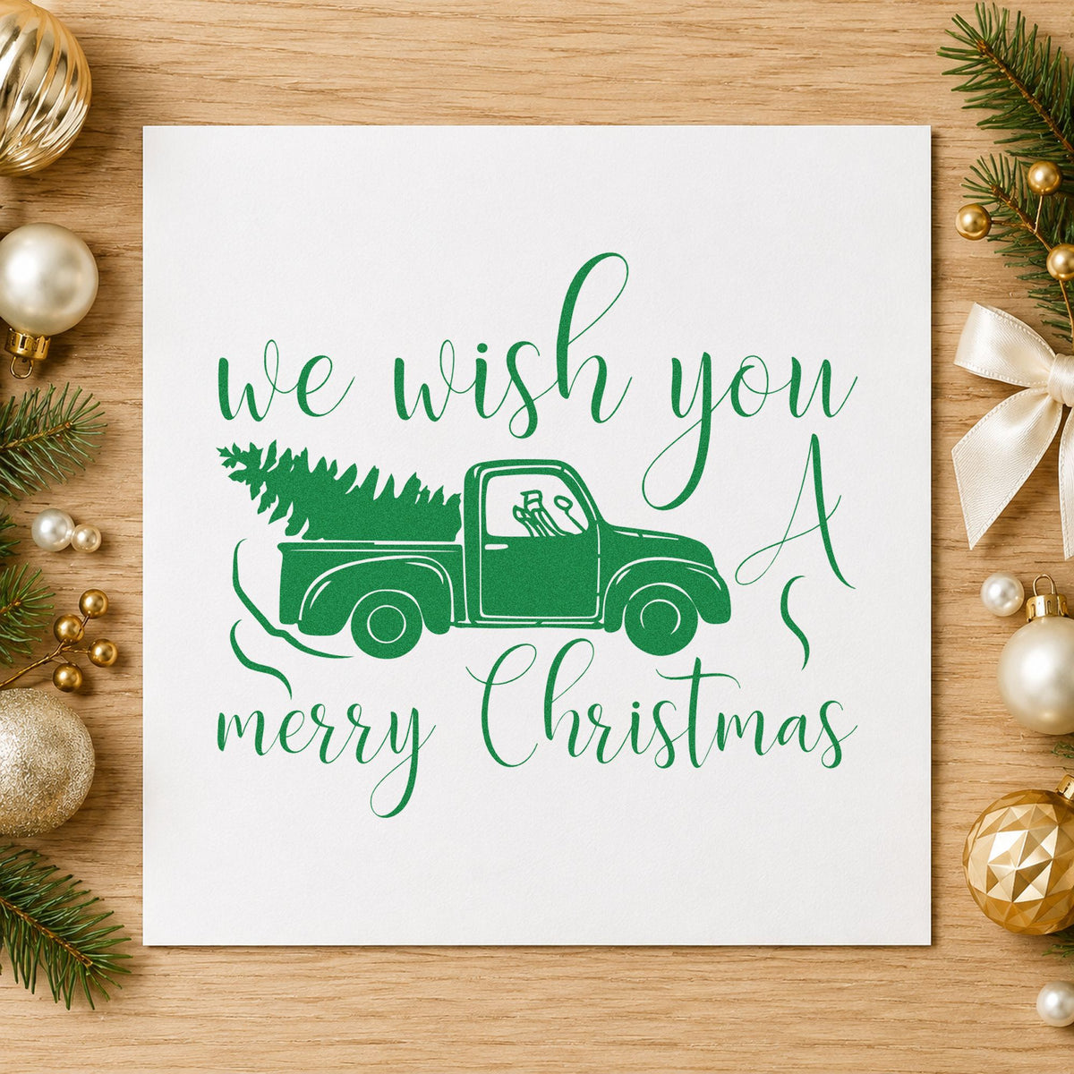 Wish You Christmas Pickup craft stamp imprint in green ink on a handmade project, one idea being parts box gift tags.
