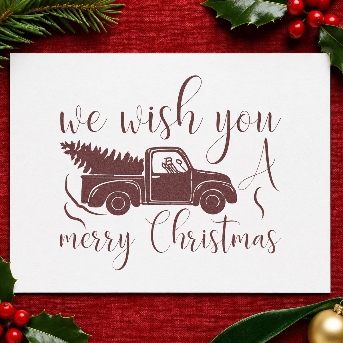 Wish You Christmas Pickup rubber stamp printed in brown ink, ready for build log sheet and similar paper crafts.
