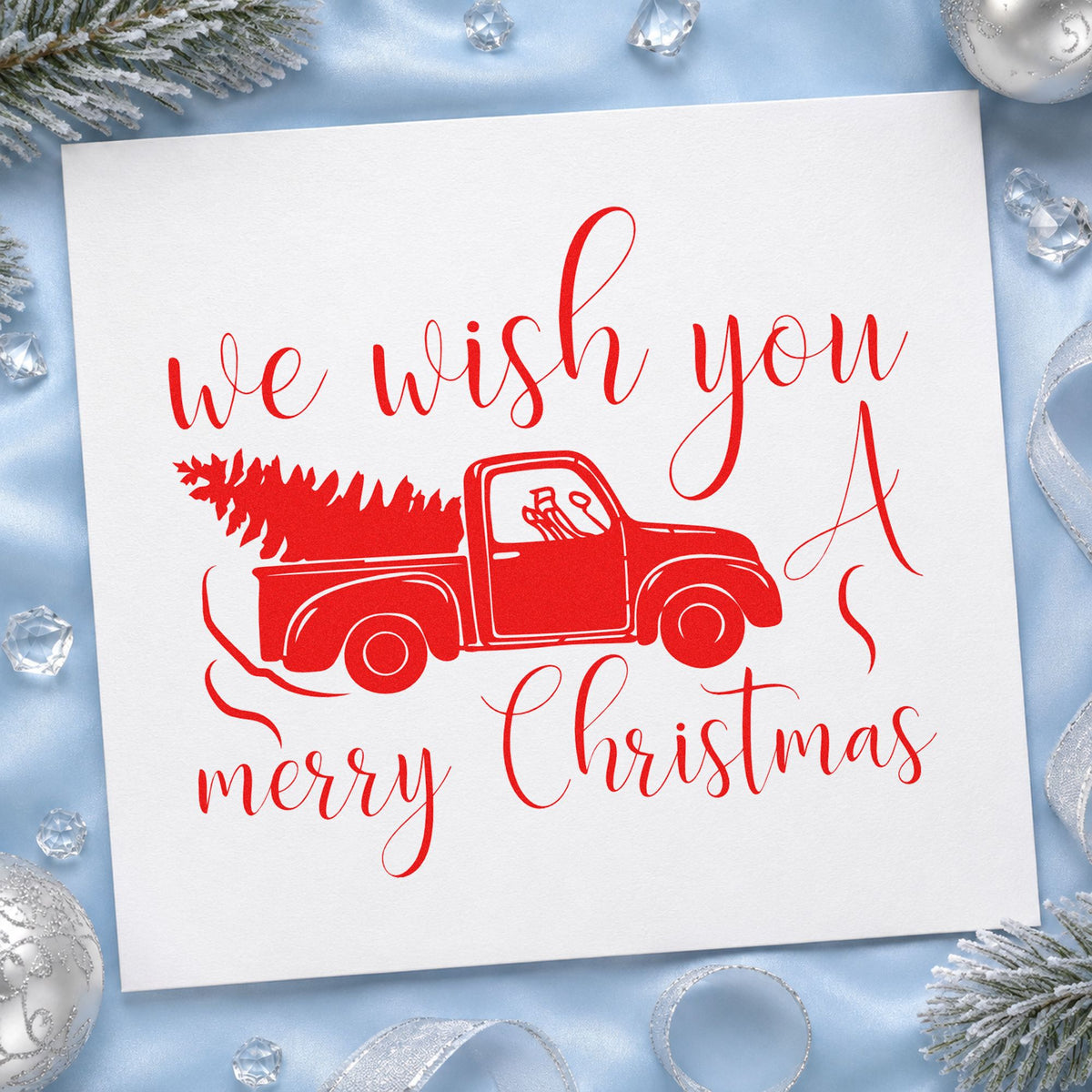 Wish You Christmas Pickup craft stamp in red ink on cardstock, an easy option for shop rag printing.