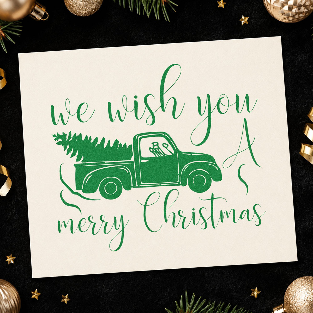 Wish You Christmas Pickup craft stamp imprint in green ink on a handmade project, one idea being car show placards.