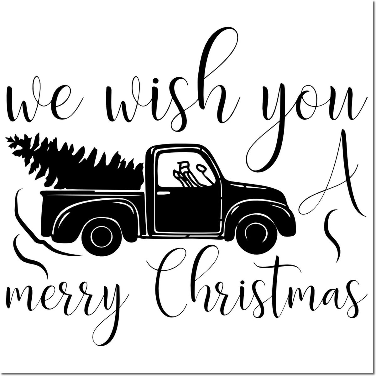 We Wish You a Merry Christmas rubber stamp with vintage pickup truck and Christmas tree holiday design.